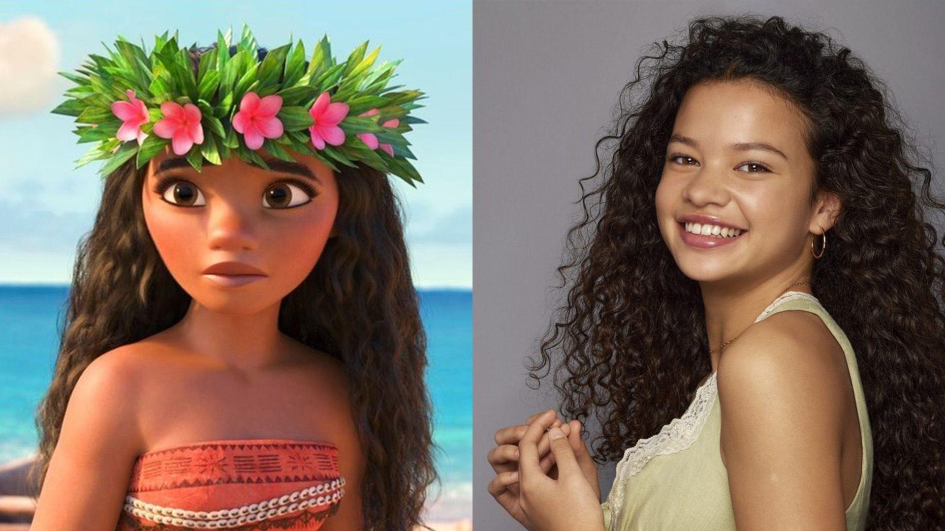 Moana from animated movie next to Catherine Laga‘aia who will be playing Moana in the live action film 