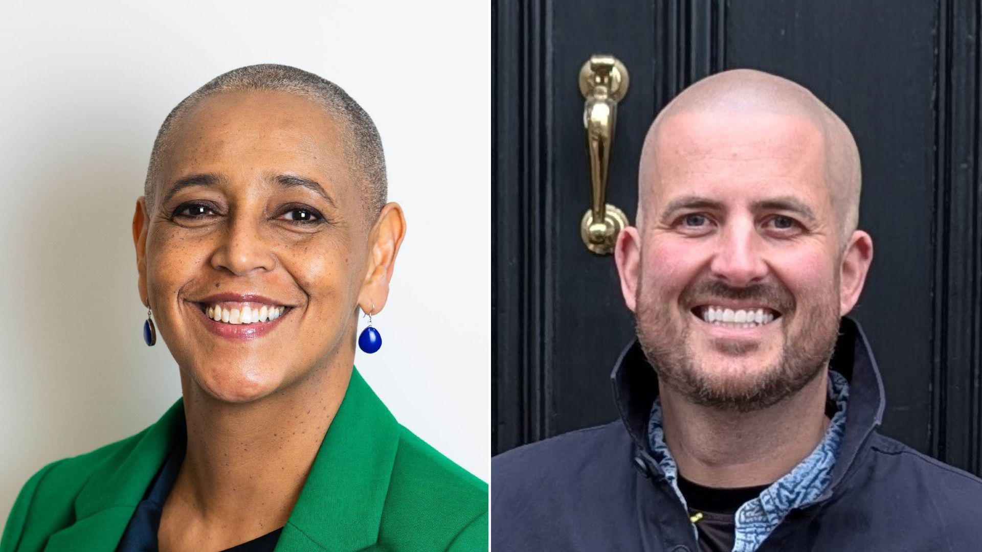 Two portrait images sit side by side. Left is Alison Lowe, who has dark-brown eyes and a buzzcut. She is smiling and wears dangly blue earrings and a green blazer. On the right is Jack Woodhams who also has a shaved head and wears a navy coat, standing in front of a black front door. He is smiling and has a brown beard.