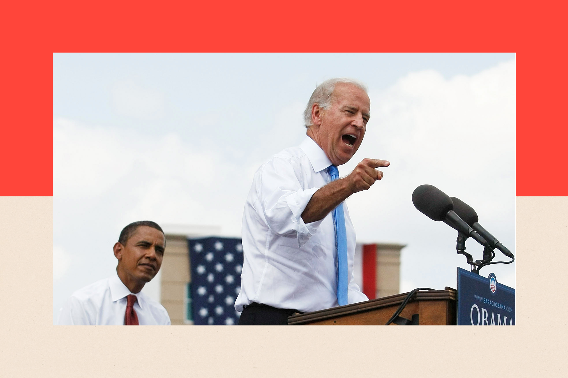 Biden pointing and giving a speech, as Obama listens 