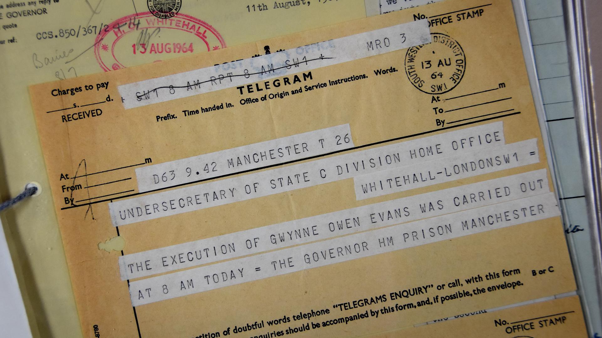 Telegram confirming the death sentence has been carried out on Gwynne Evans