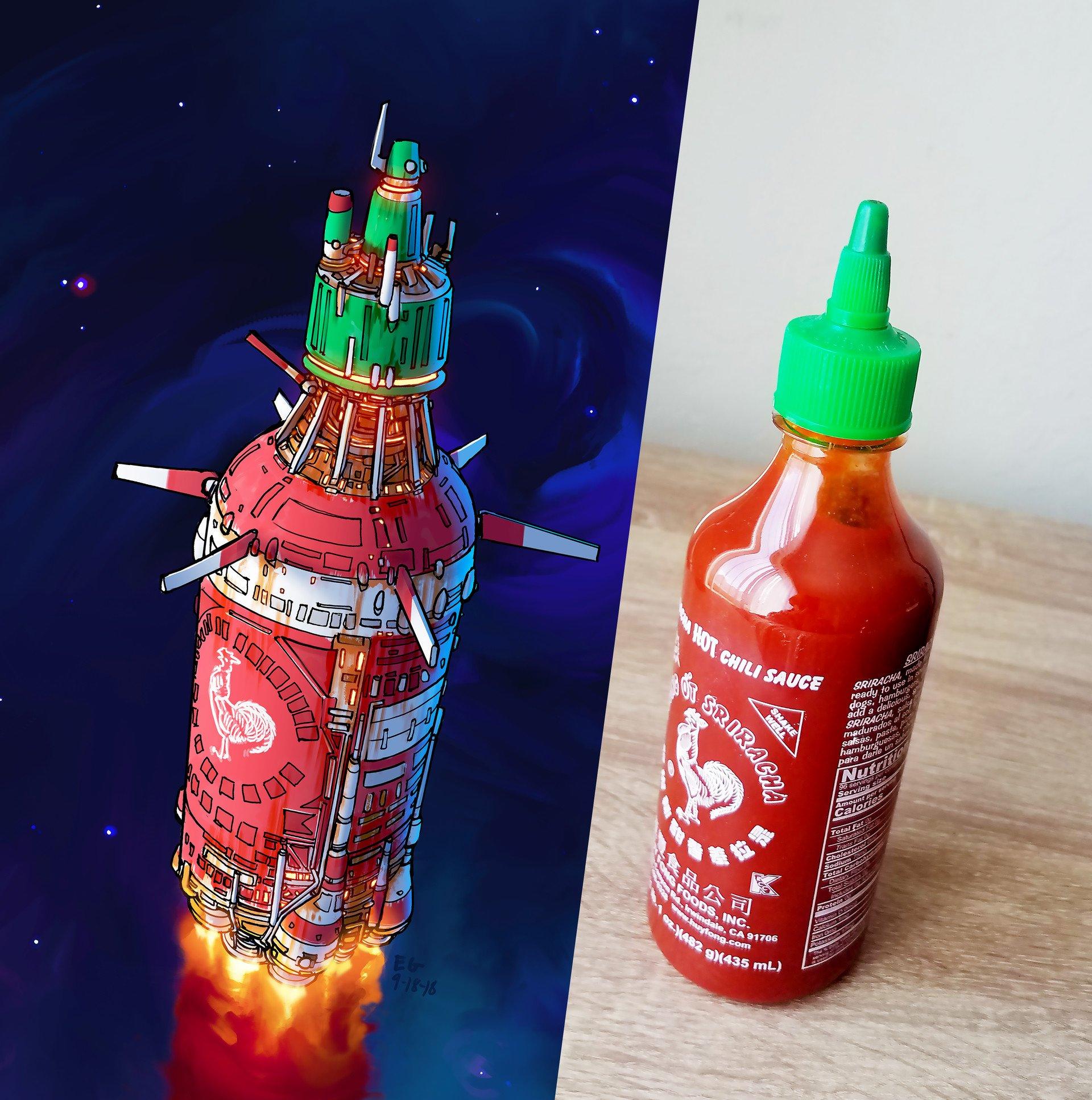 A spaceship and a bottle of hot sauce.