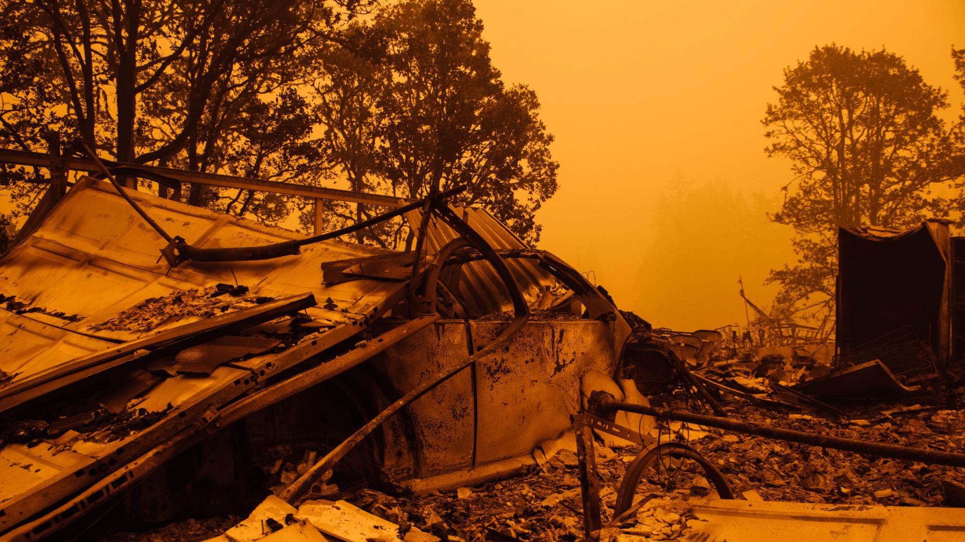 Burnt remains of a car following a fire in Oregon