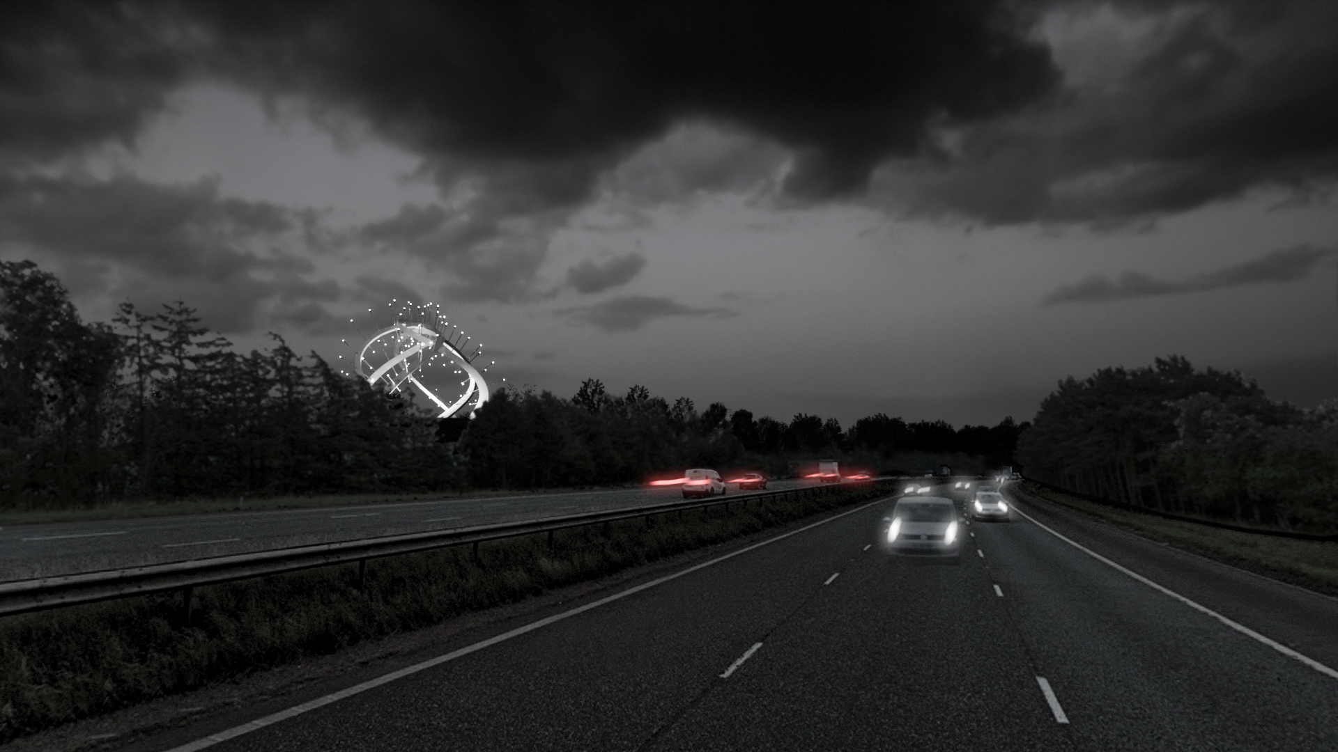 An artist's impression of the night time view of the Star of Caledonia with it lit up next to a motorway with cars passing