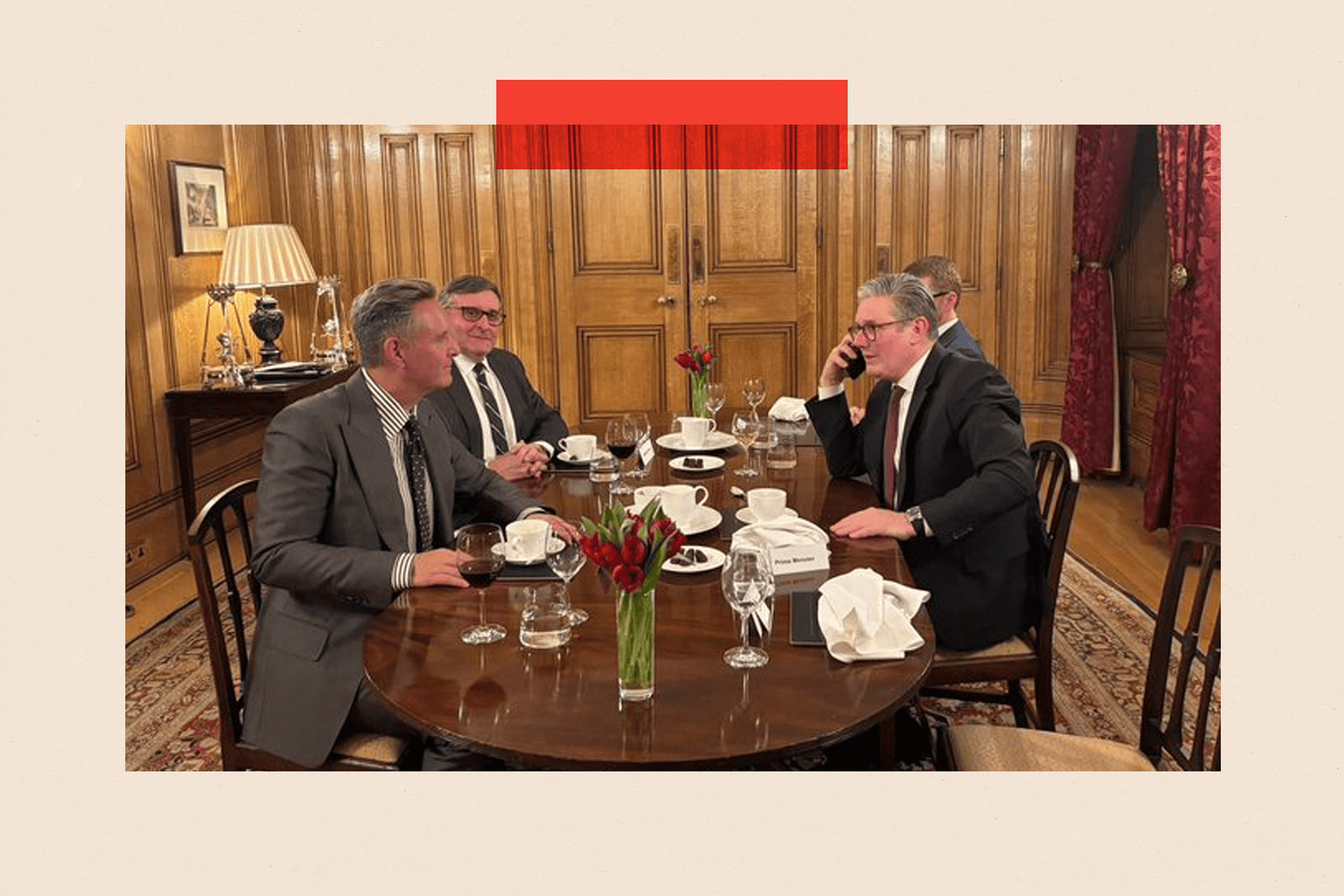 Keir Starmer speaking on the phone to President Donald Trump during a dinner with US Envoy to the UK, Mark Burnett