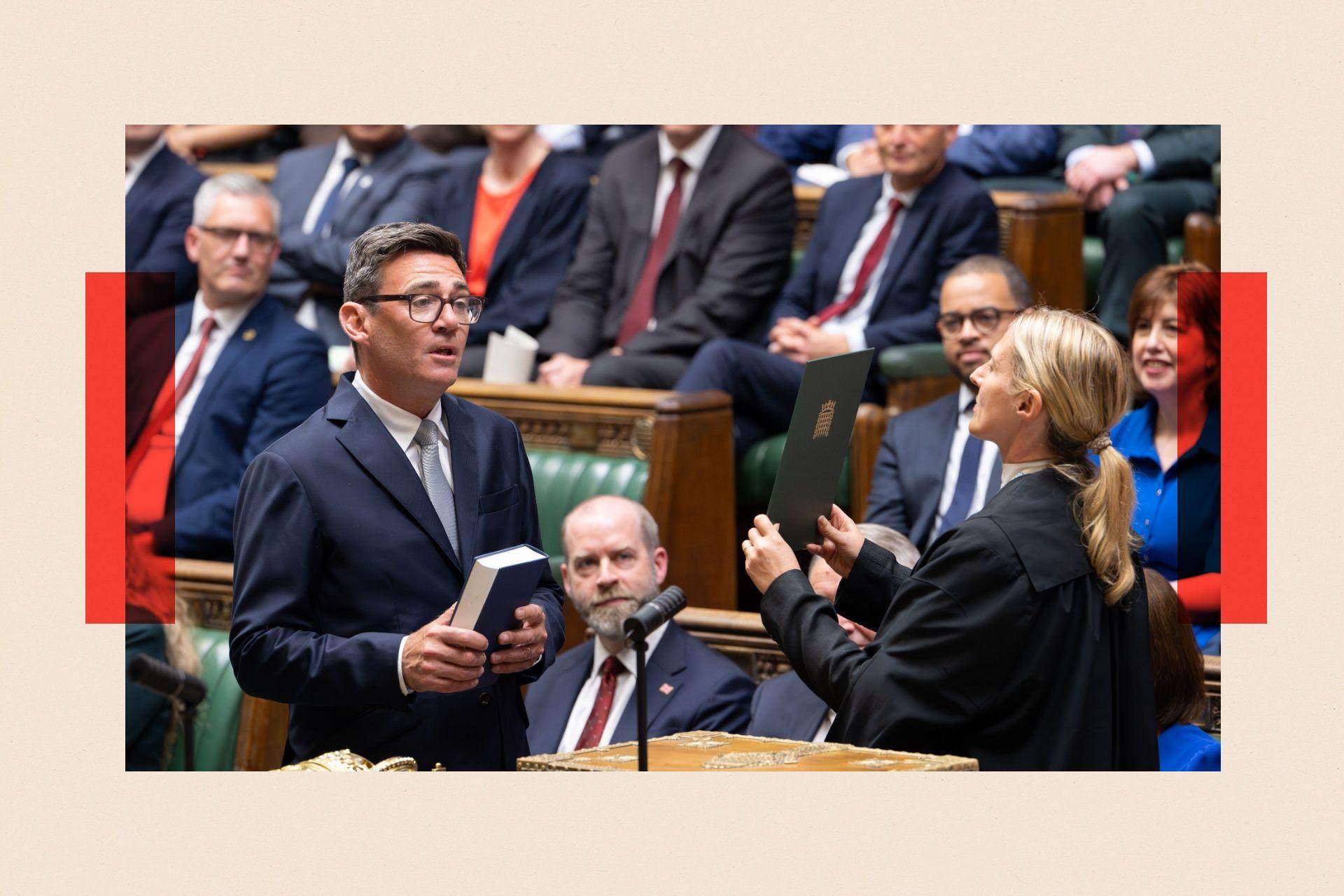 Andy Burnham being sworn in as the Member of Parliament for Makerfield in the House of Commons chamber