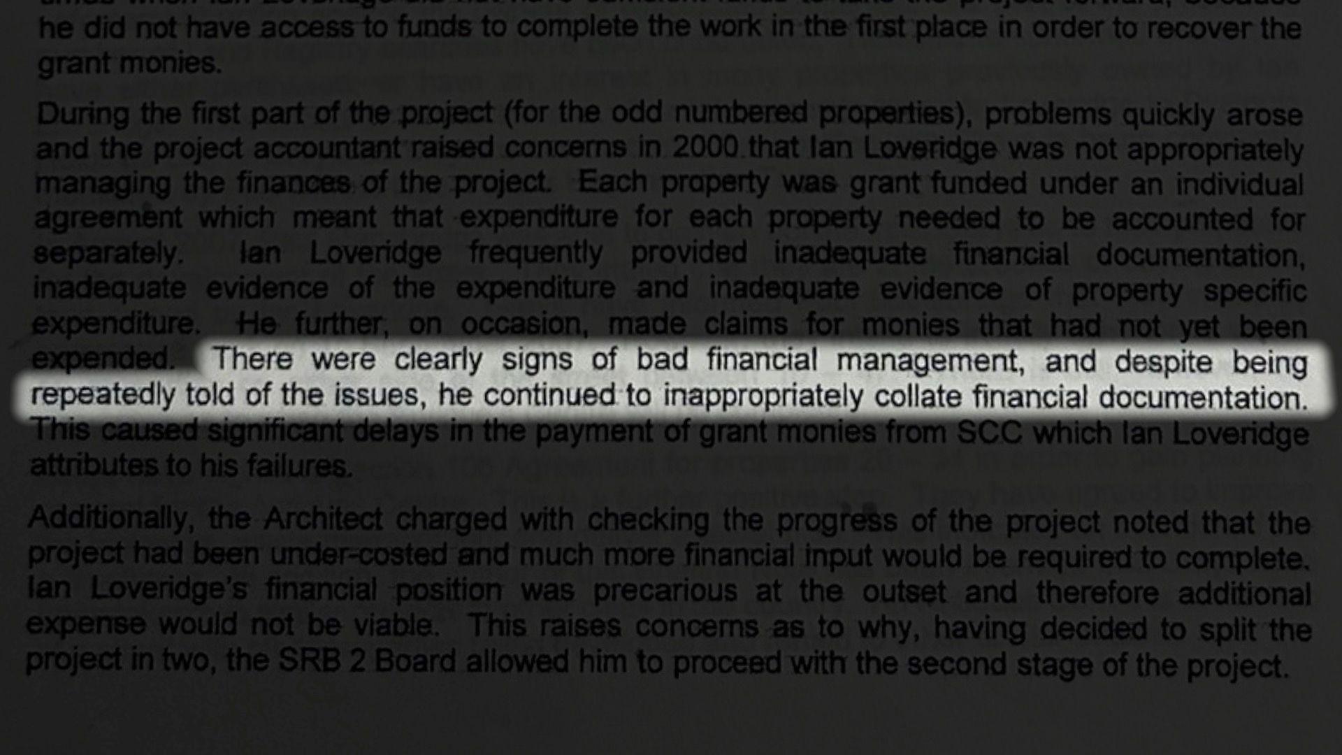 A page of text with one line highlighted. It says: "There were clearly signs of bad financial management, and despite being repeatedly told of the issues, he continued to inappropriately collate financial documentation."