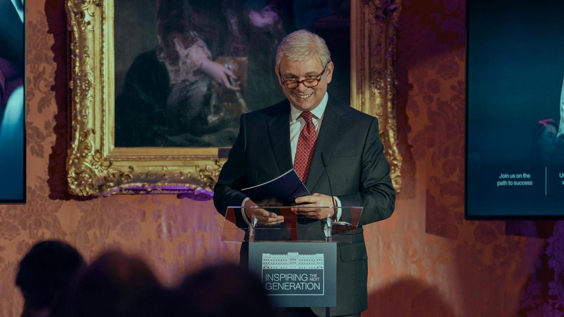 Michael Sheen as Prince Andrew at an event at Buckingham Palace, in the Amazon film A Very Royal Scandal