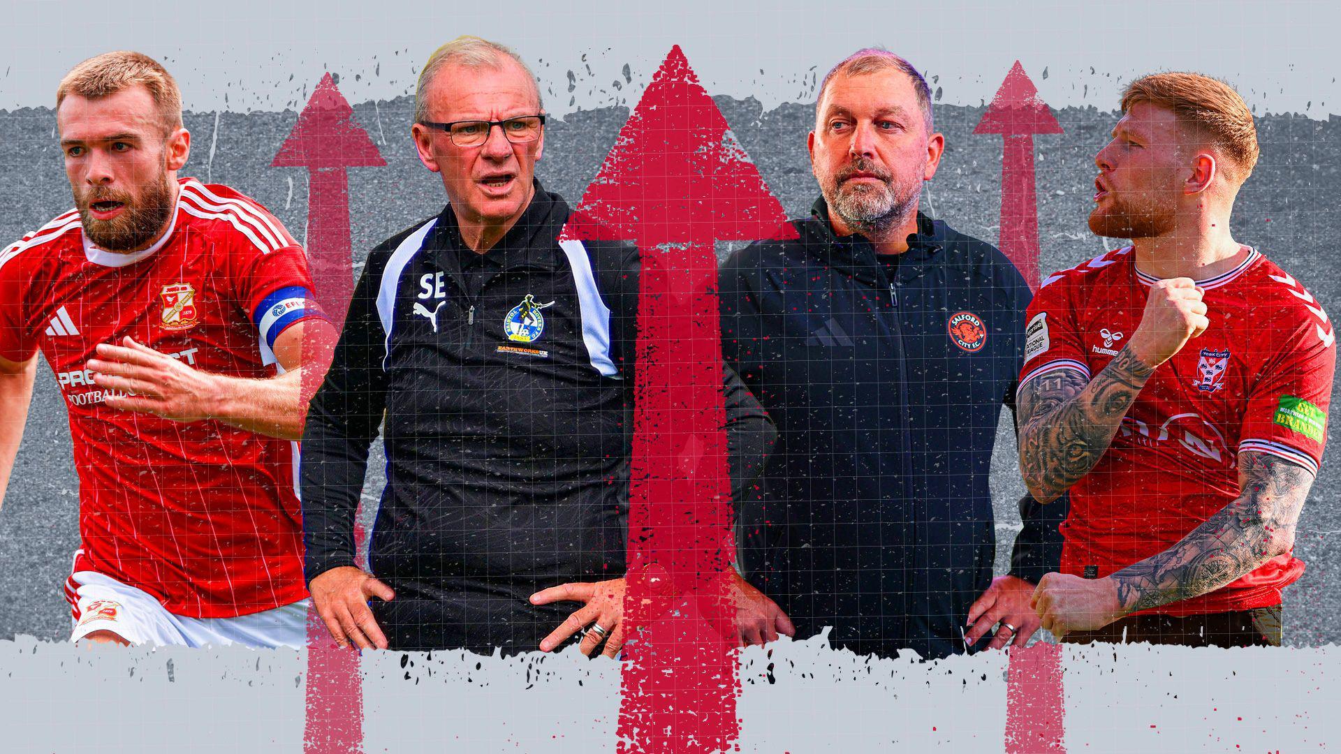 BBC graphic featuring Swindon Town striker Aaron Drinan in the Robins' red home shirt, Bristol City boss Steve Evans in a black training top, Salford manager Peter Cklamovski and York City striker Josh Stones celebrating a goal by punching his right arm