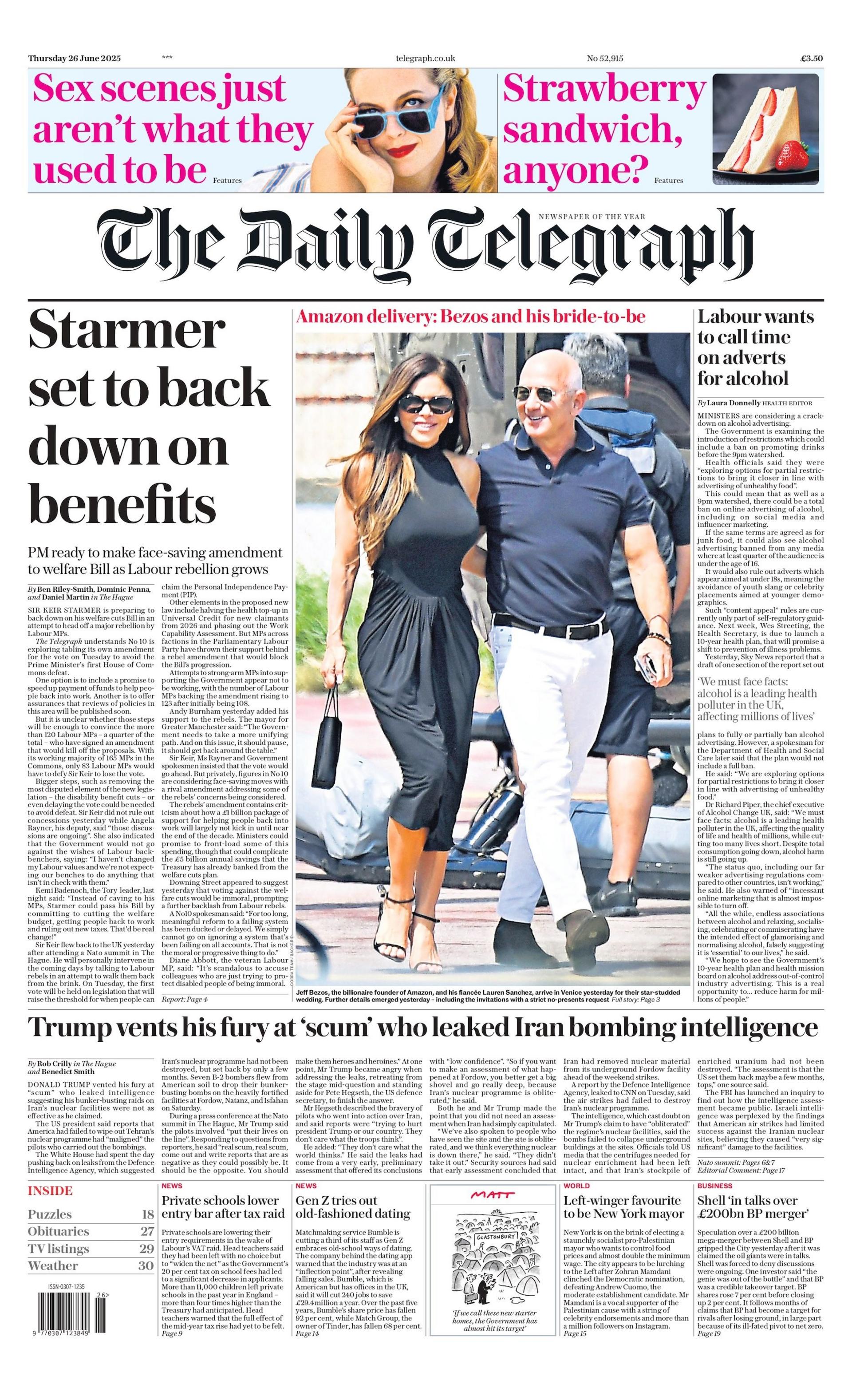 "Starmer set to back down on benefits" reads the headline on the front page of The Daily Telegraph.