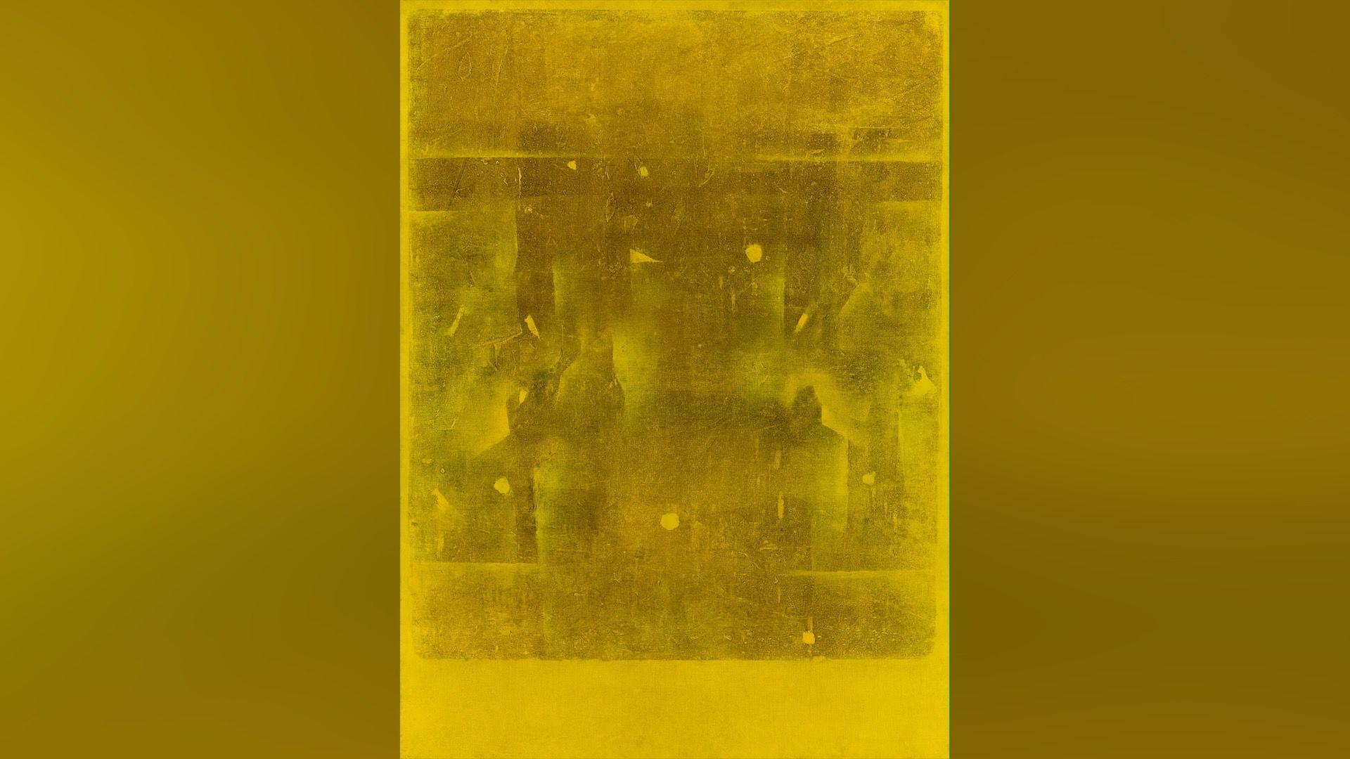 A painting with golden and yellow specks depicting a play with light and texture. It was made by Modernist painter VS Gaitonde in 1971