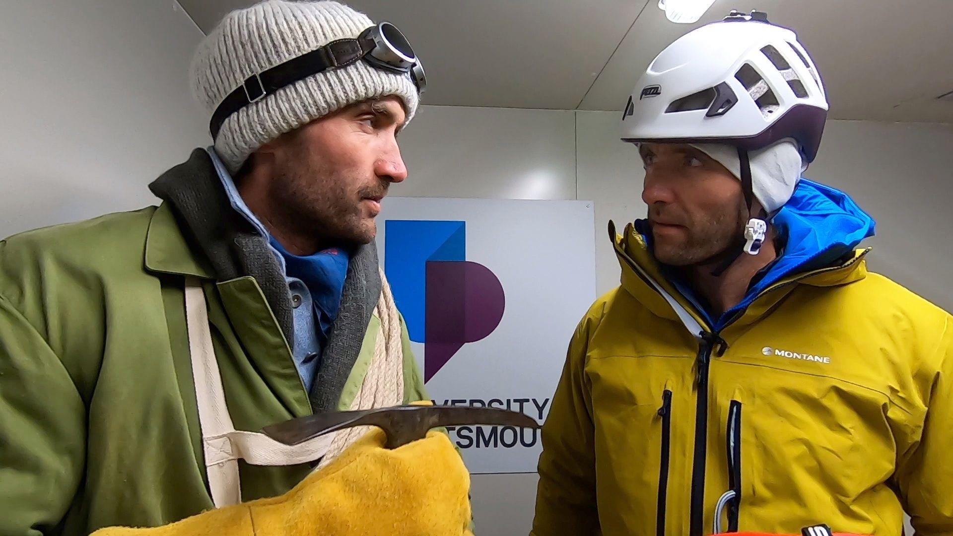 Hugo and Ross Turner in a cold chamber at the University of Portsmouth. One brother in old clothes and one in new clothes. 