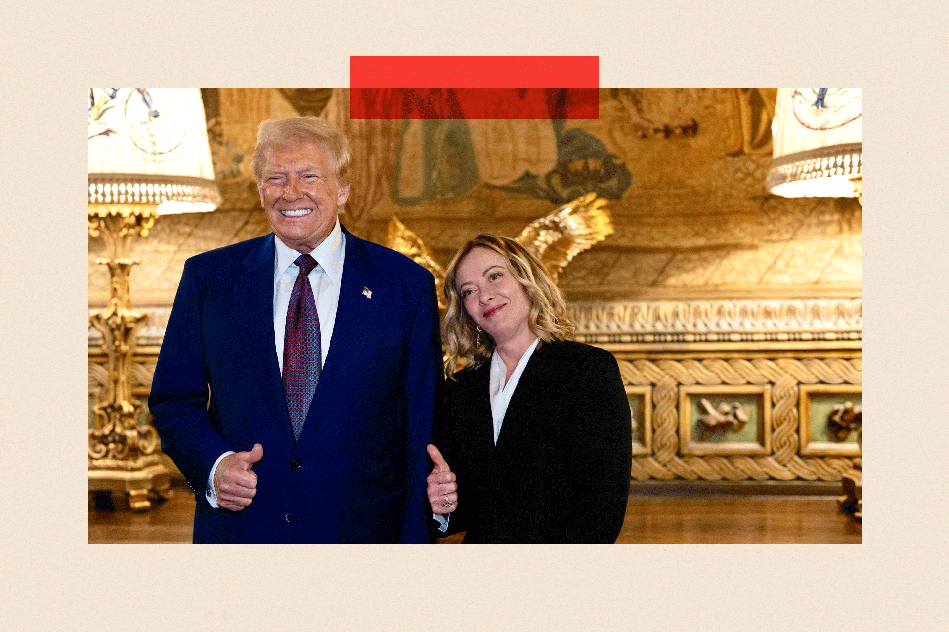 Italian Prime Minister Giorgia Meloni and Donald Trump pose with their thumbs up