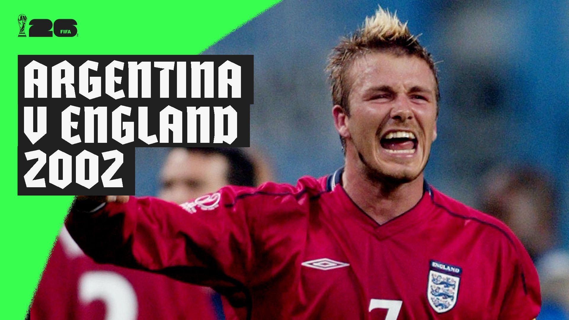 David Beckham celebrates against Argentina in 2002