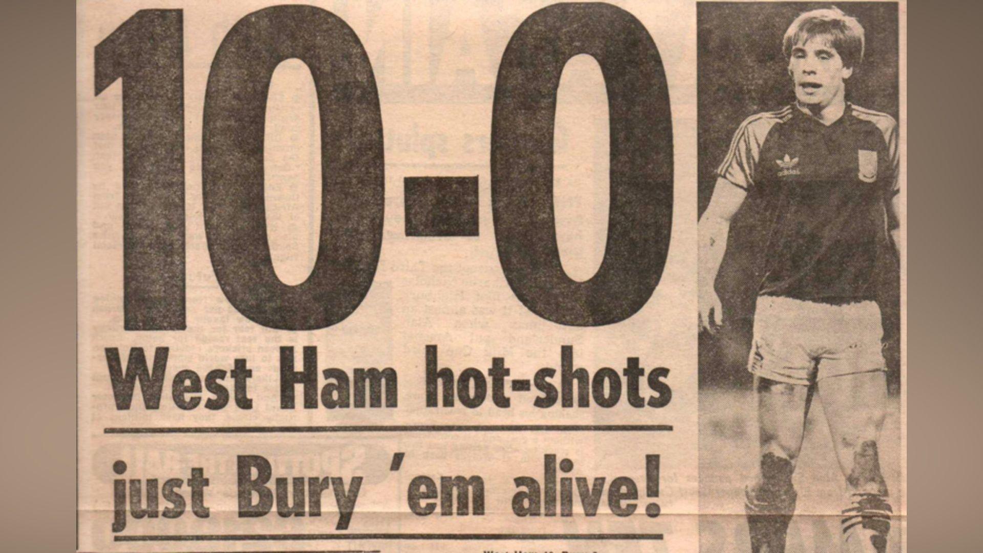 Newspaper cutting of West Ham's 10-0 win over Bury