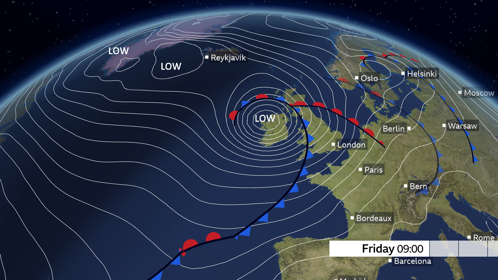 A weather chart of the eastern North Atlantic Ocean, showing the tight isobars encircling a deep area of low pressure approaching the north west of the British Isles early on Friday. The storm looks set to bring disruptive weather for parts of the country.

