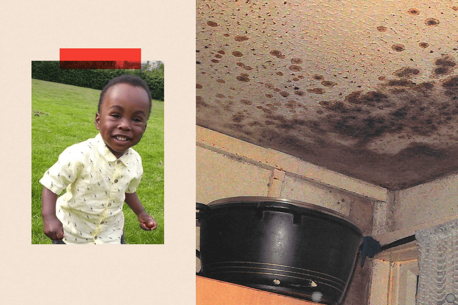 Collage of a photo of Awaab and a photo of mould in his home
