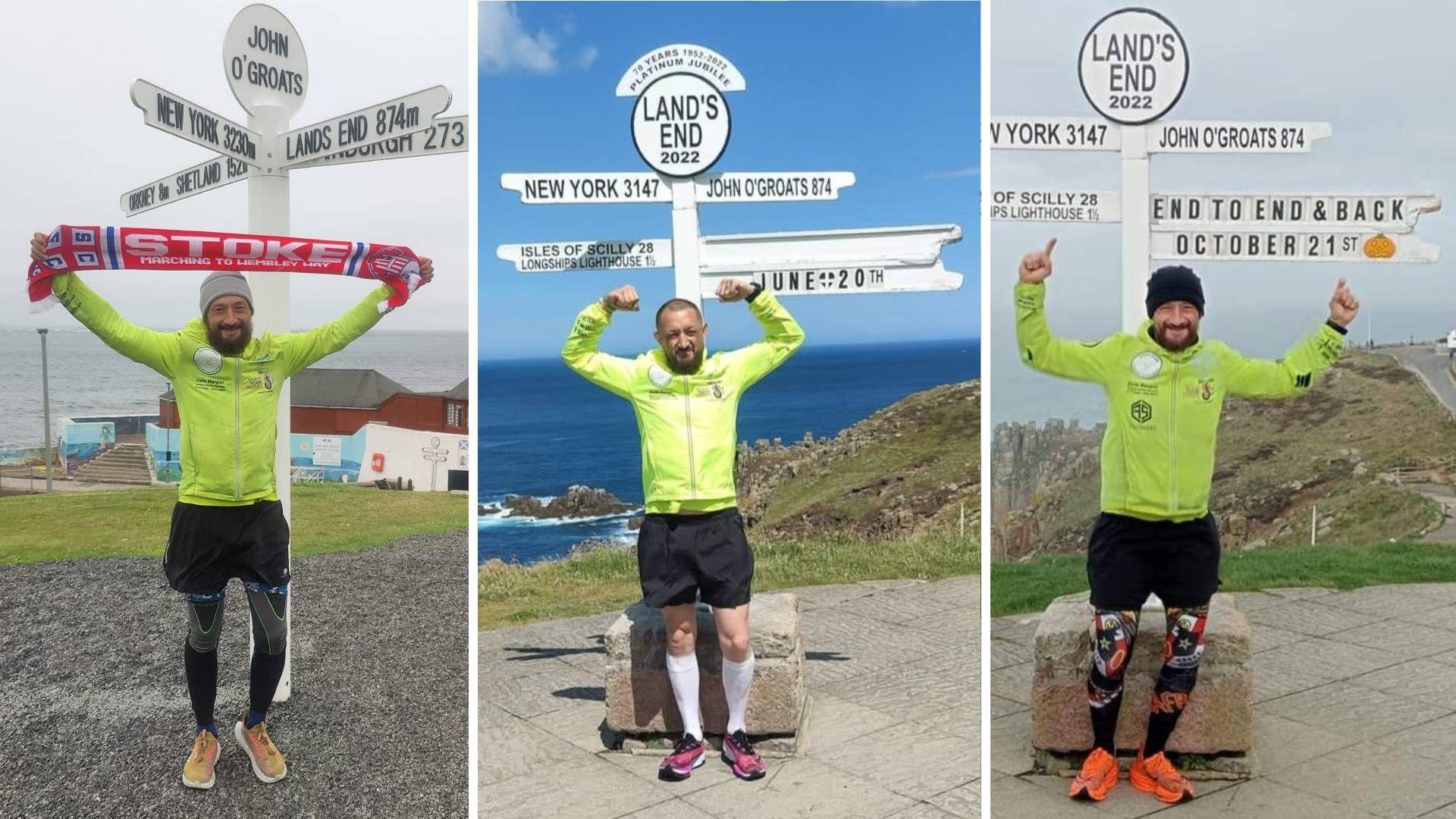 Three images of the same man stood beside a sign post at John O'Groats and Lands End. In each photo, the man is wearing a lime green running jacket and black shorts and the edge of the coast can be seen in the background. In the left photograph, the man holds up a Stoke City scarf and is wearing a grey beanie hat beside the John O' Groats sign. In the middle image, he is holding up his fists in a pose that shows off his arm muscles. He stands beside the Lands End sign which includes the date 20 June. In the right image, he is in front of the same Lands End sign but the weather looks much cloudier, he is wearing a black beanie and the date reads 21 October.