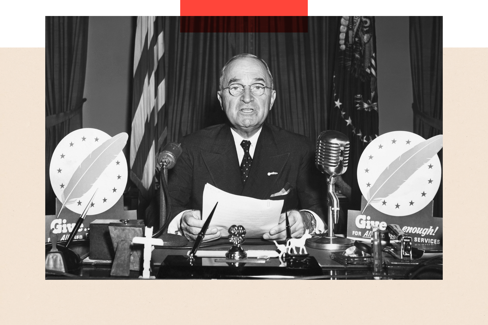 President Harry S. Truman speaks during a television address from the Oval Office
