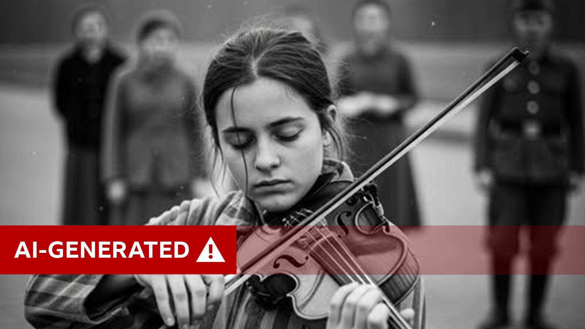 The photo is black and white. A young girl in striped pyjamas plays the violin looking down.