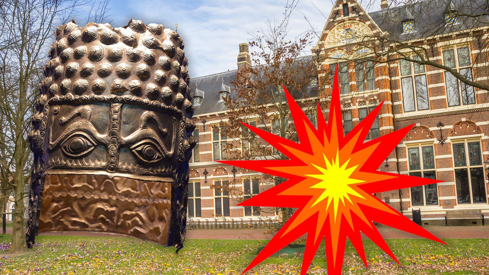 The Helmet of Cotofenesti and a cartoon explosion in front of a picture of the Drents museum