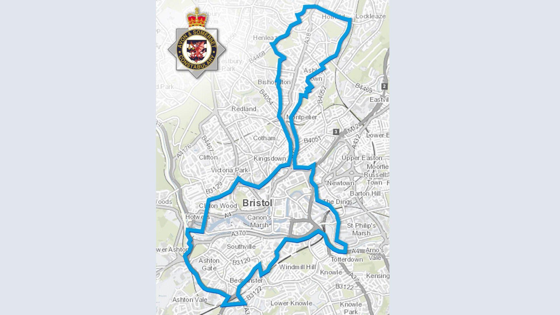 A map shpwing Bristol with blue lines around roads