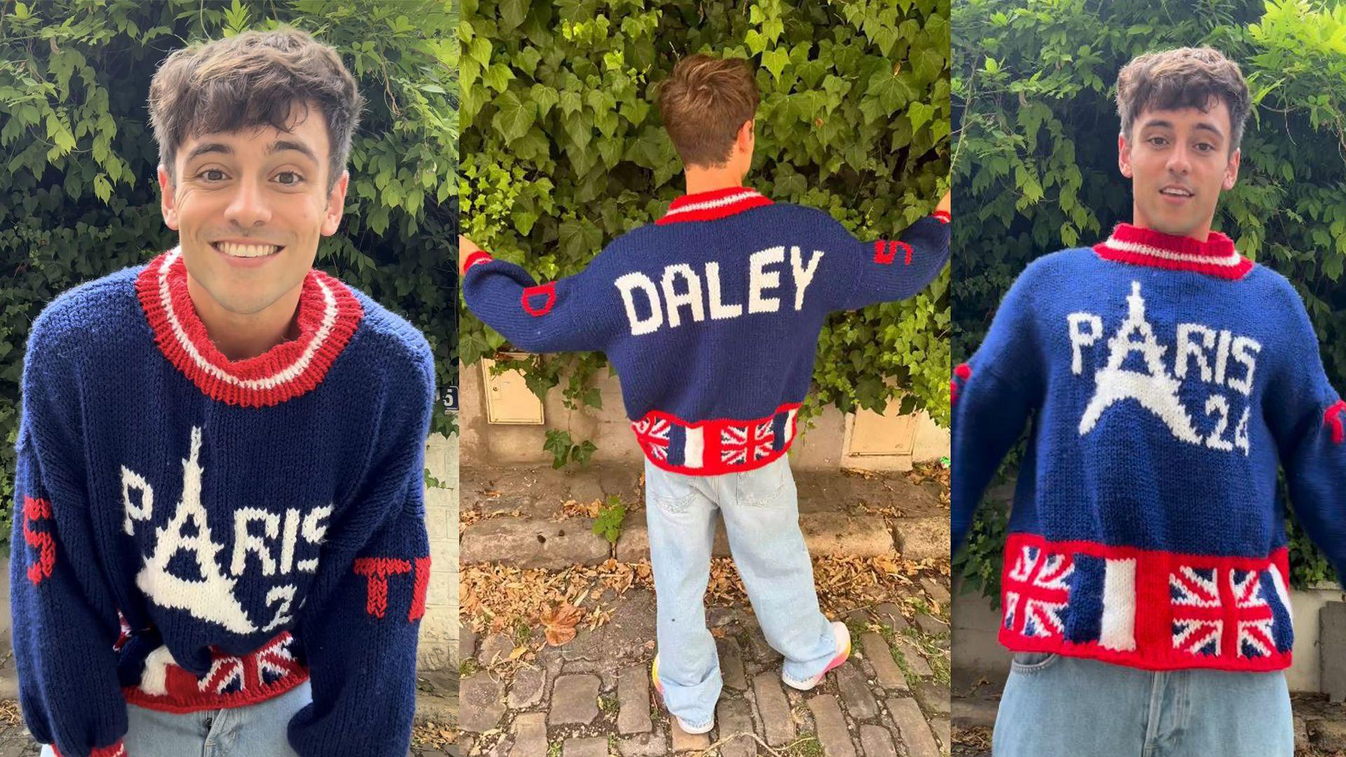 Tom Daley wearing the jumper he knitted at the paris olympics