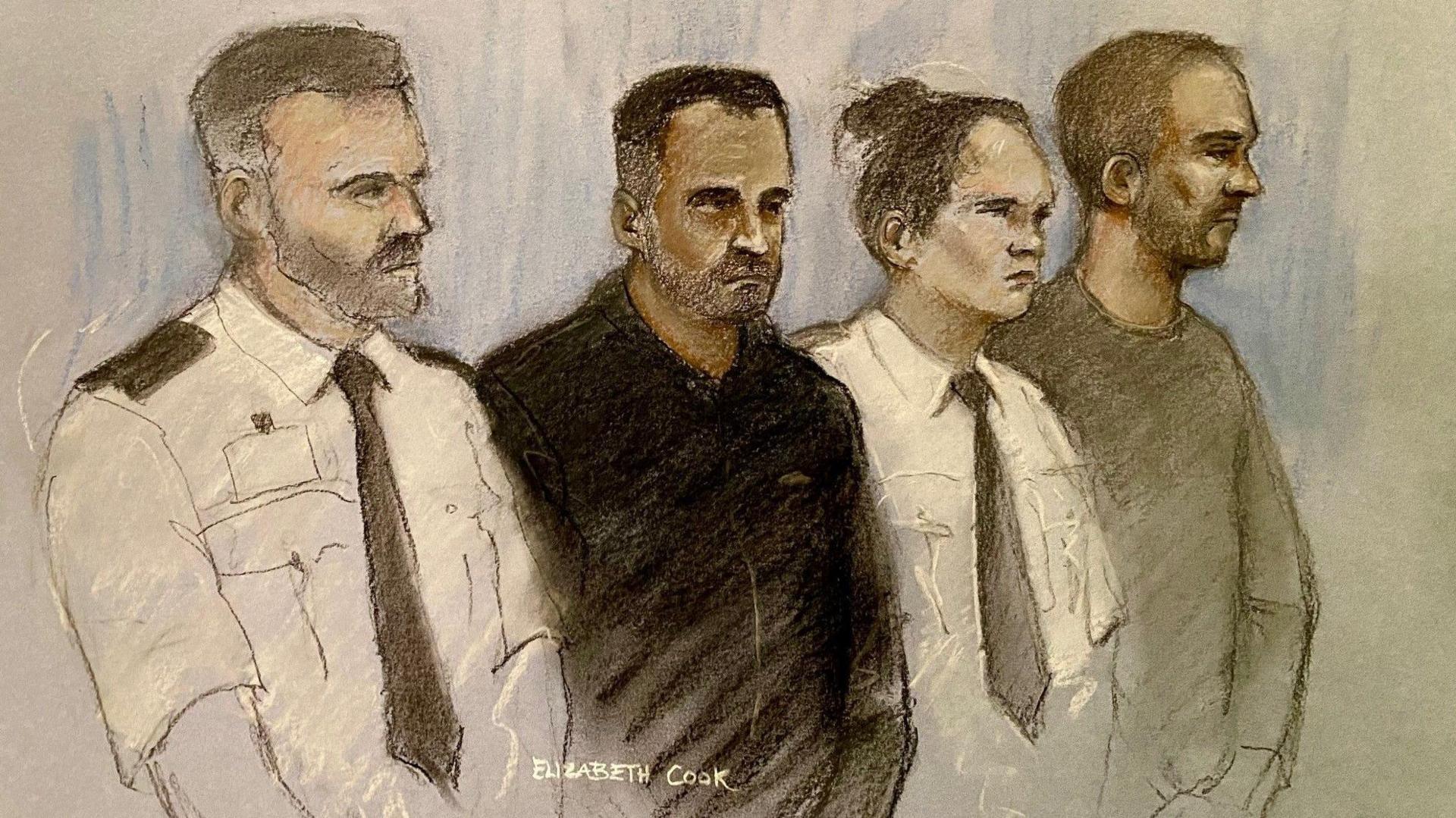 Court artist drawing by Elizabeth Cook of Mohammed Shabir (second left) and Calum Sunderland (right) appearing at Bradford Magistrates' Court