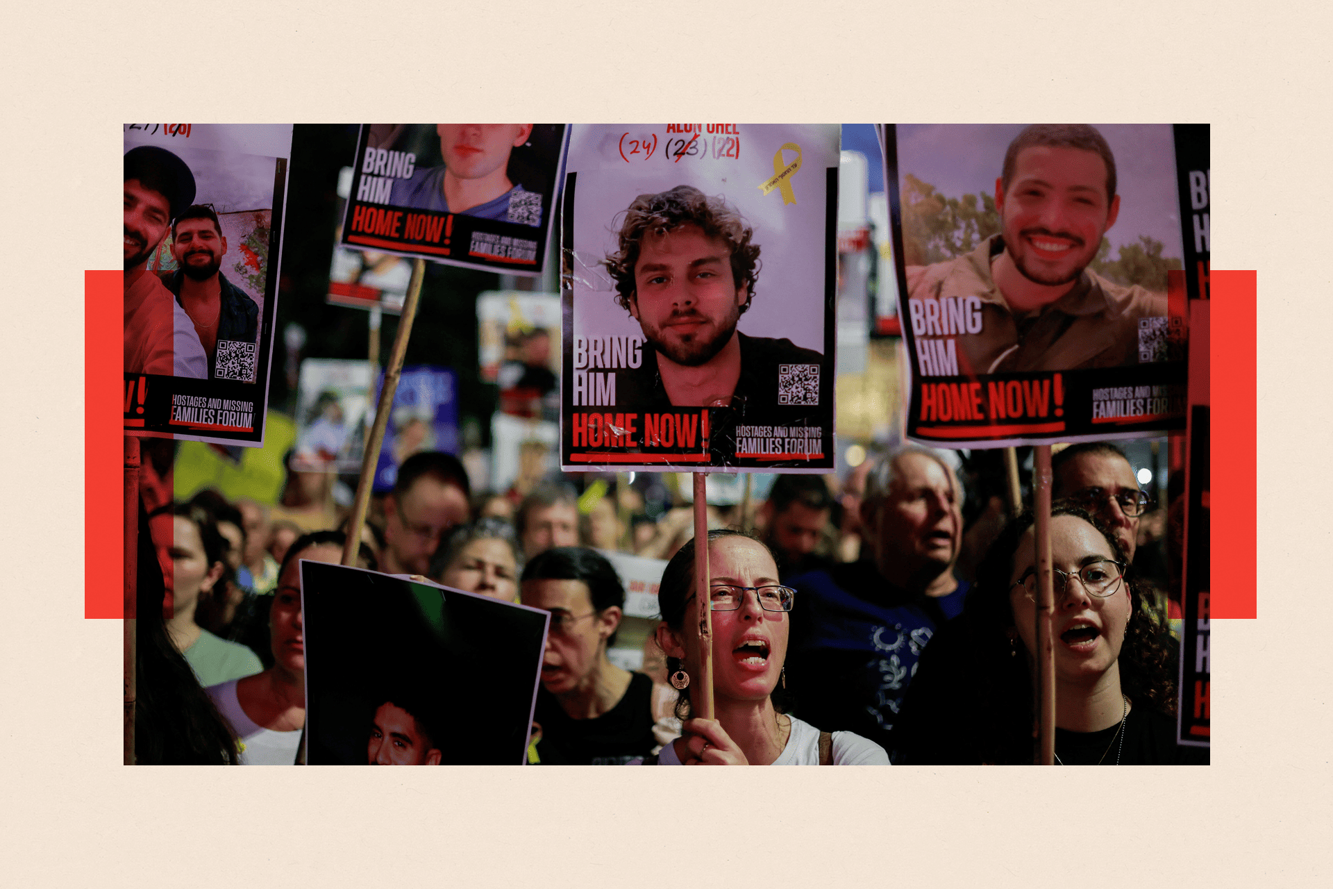 Demonstrators take part in a protest to demand the immediate release of hostages held in Gaza