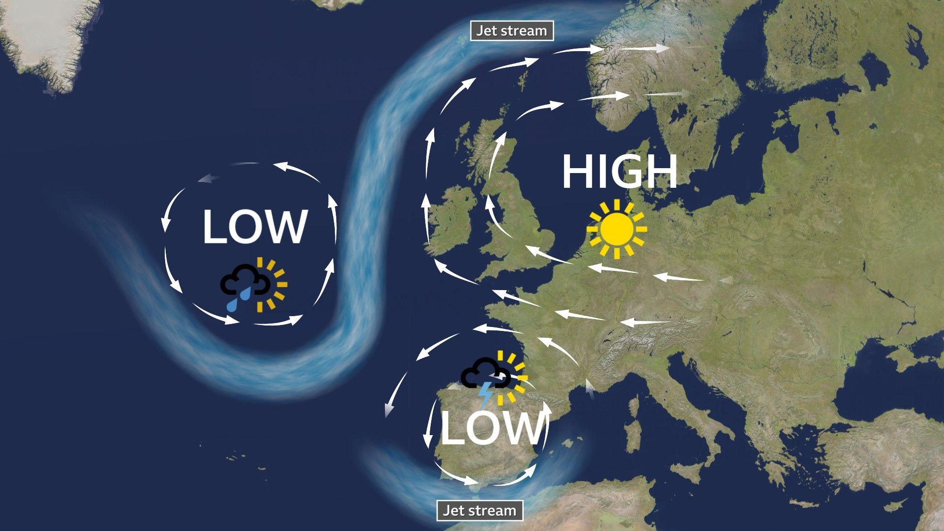 Map of Europe showing average weather patterns in March. Sunny areas of high pressure situated to the north-west of Europe and across the UK, with a stormy low pressure over Iberia.