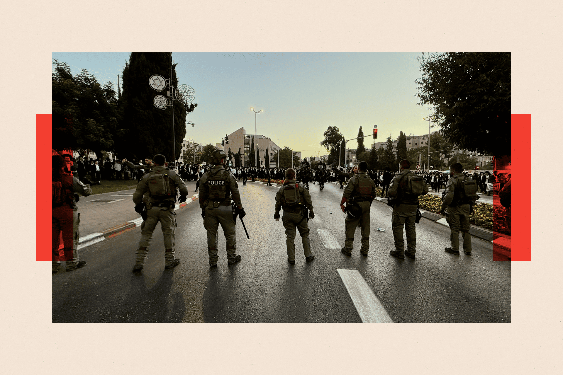 Pictures of police on a road with their backs to the camera