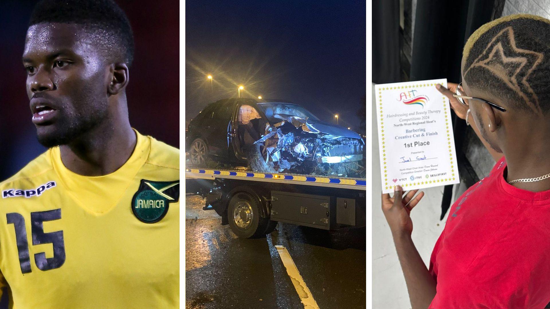 Three images. Left, Joel Grant playing football for Jamaica. Middle, a badly smashed car being towed away late at night. Right, Grant holding a certificate reading 1st place in regional hairdressing heats.