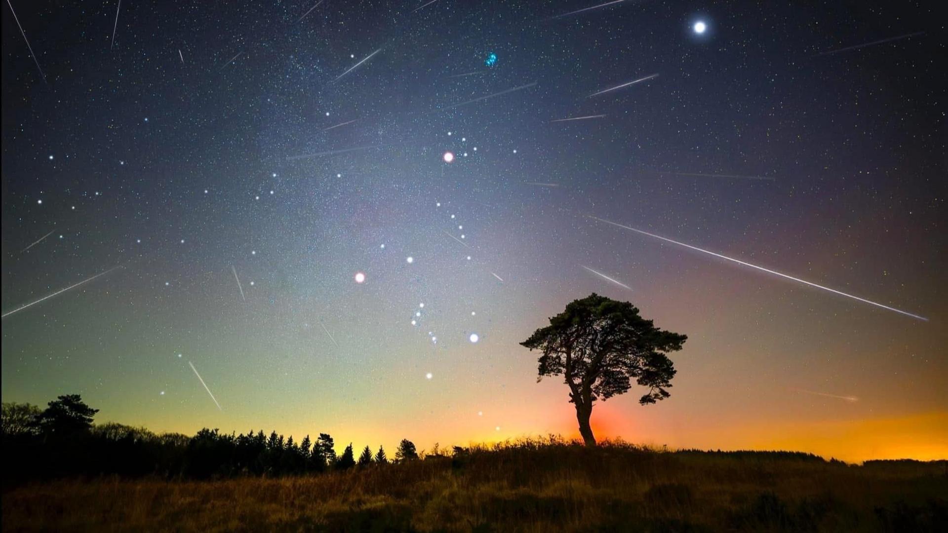 Planets are seen over the Mendips in Somerset. The sky is deep purple and orange, one tree is black against the sky.