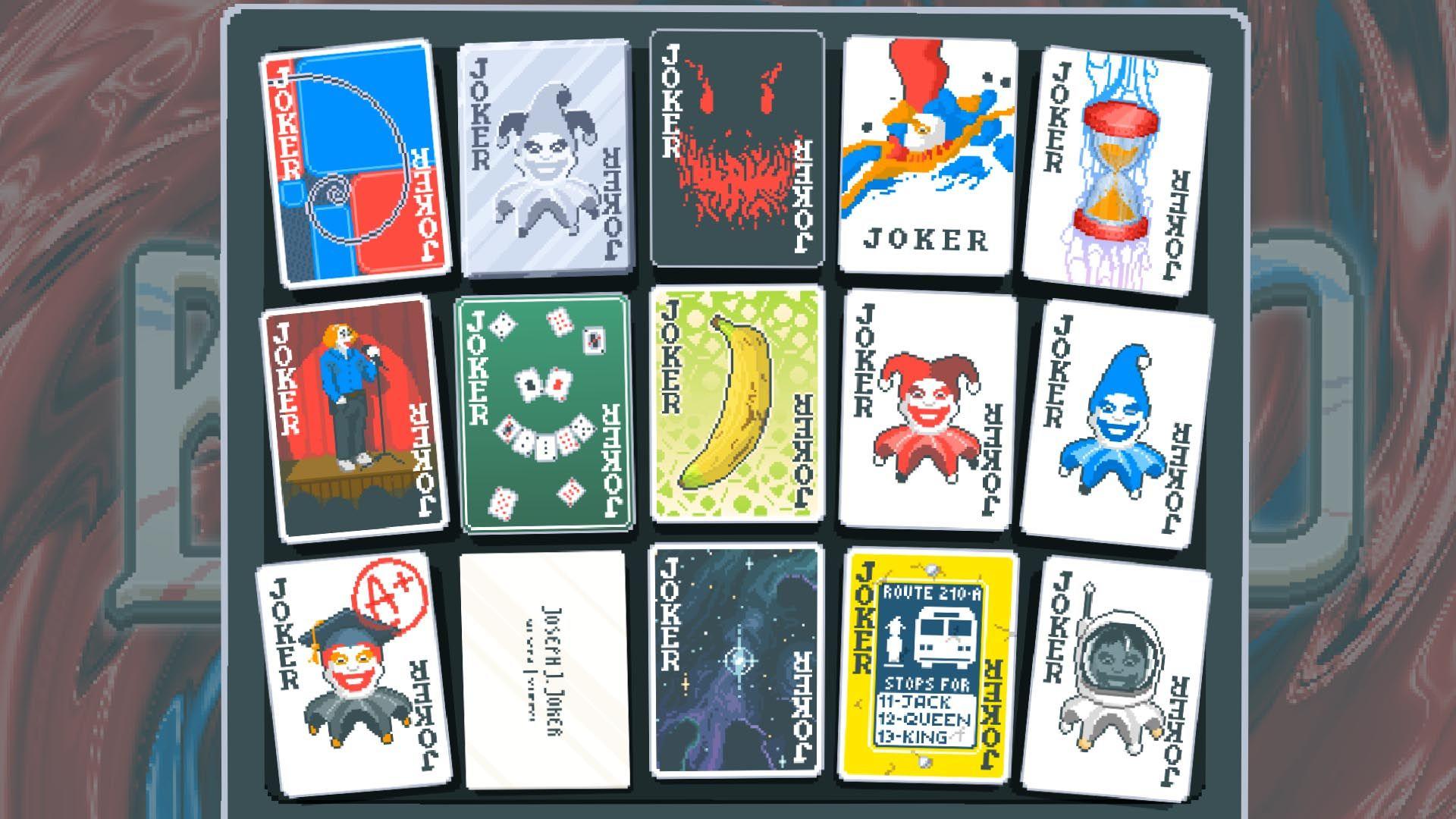 Screenshot shows a collection of 15 joker cards arranged into three rows. Each one has a different design and the word JOKER printed vertically in opposite corners.