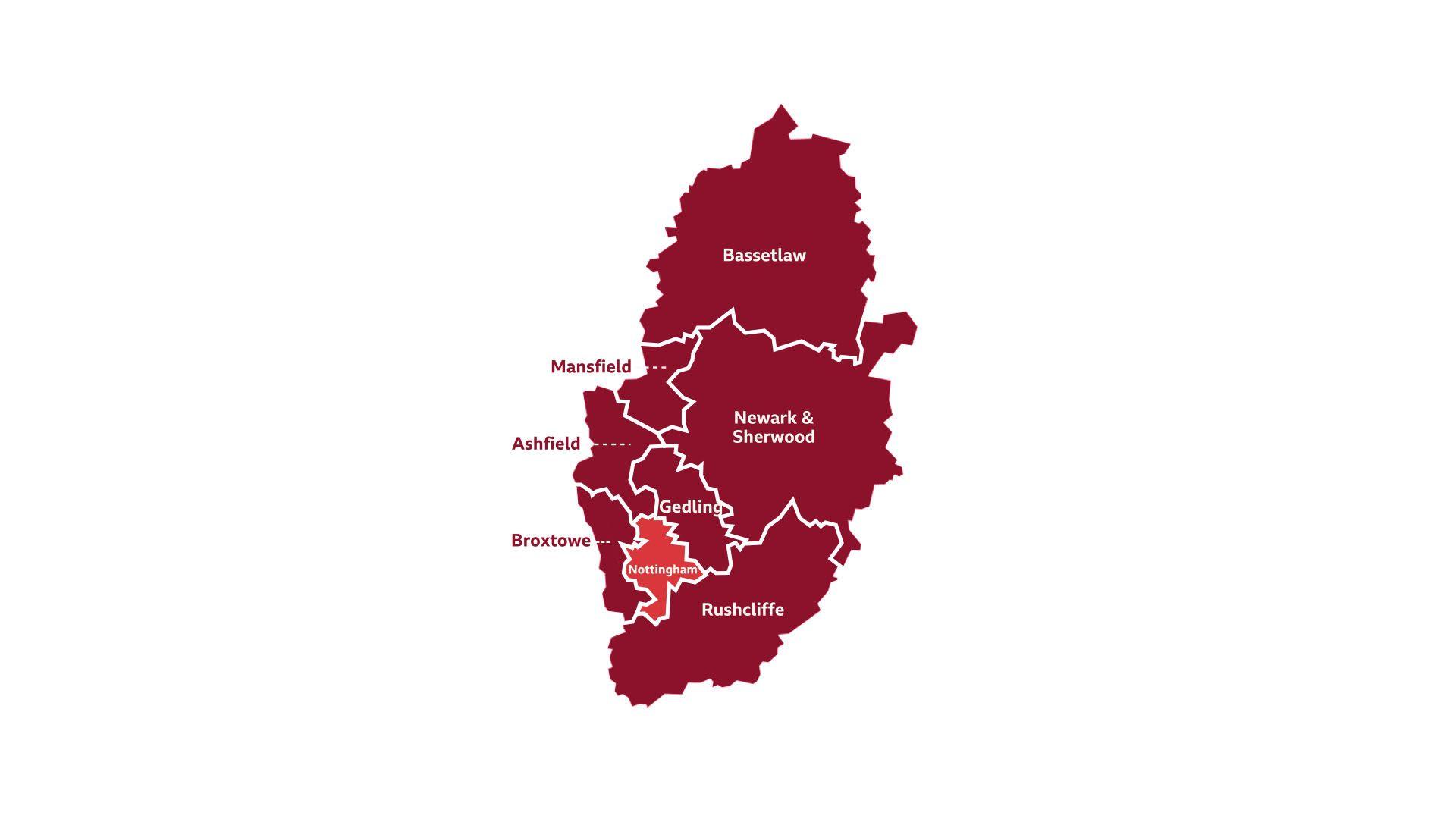 A map of the current makeup of Nottinghamshire councils