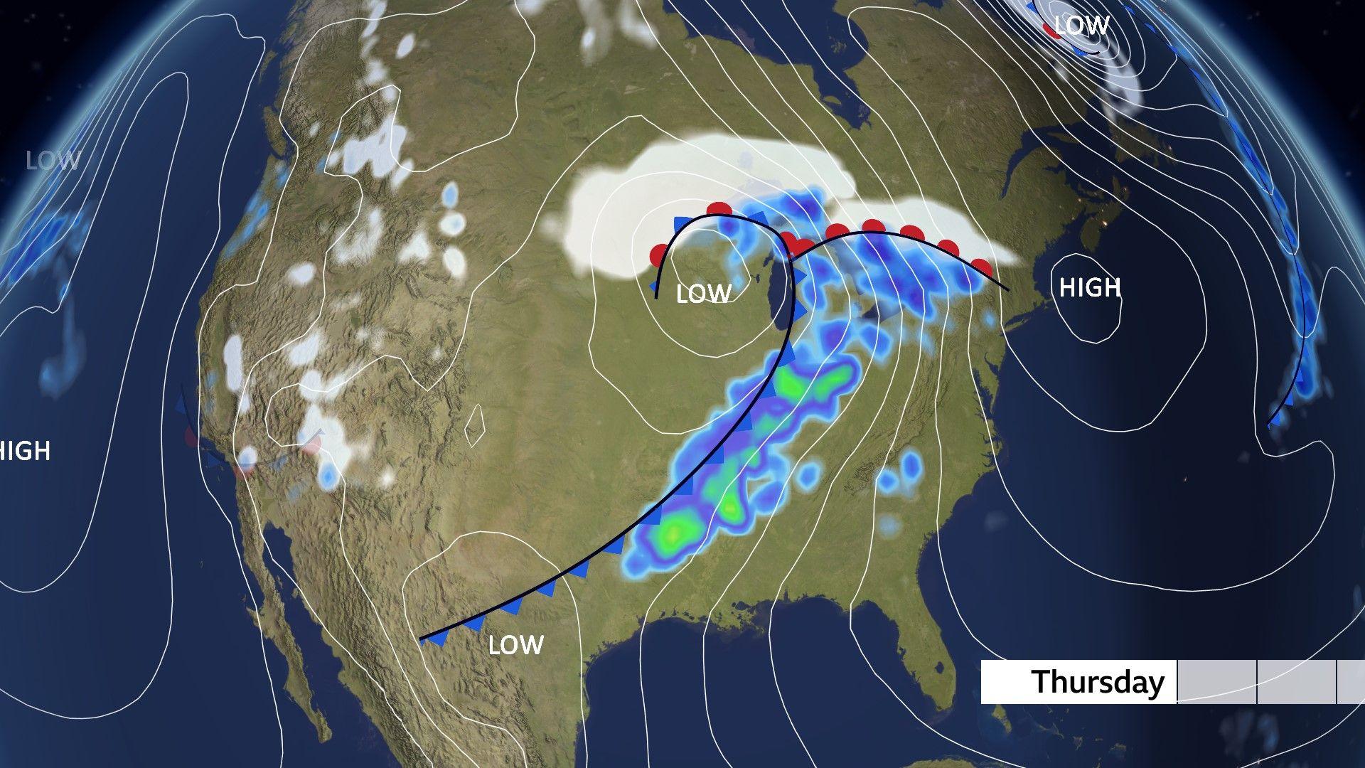 A pressure chart shows an area of low pressure moving across Canada with a trailing cold front to the south across the US