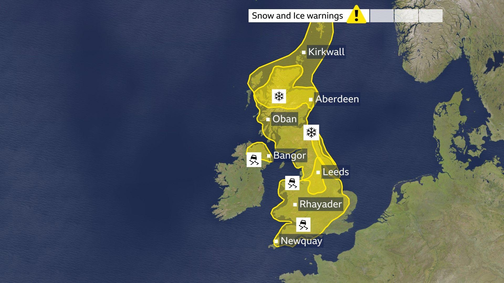 UK map showing yellow warnings covering most of the UK except the far southeast of England and far east of East Anglia