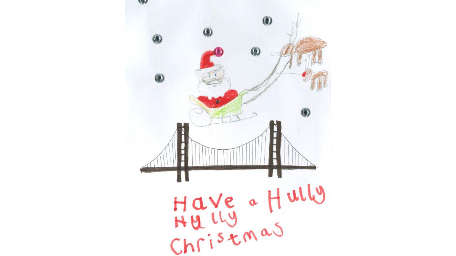 A drawing of Santa and his reindeer heading over the Humber Bridge.