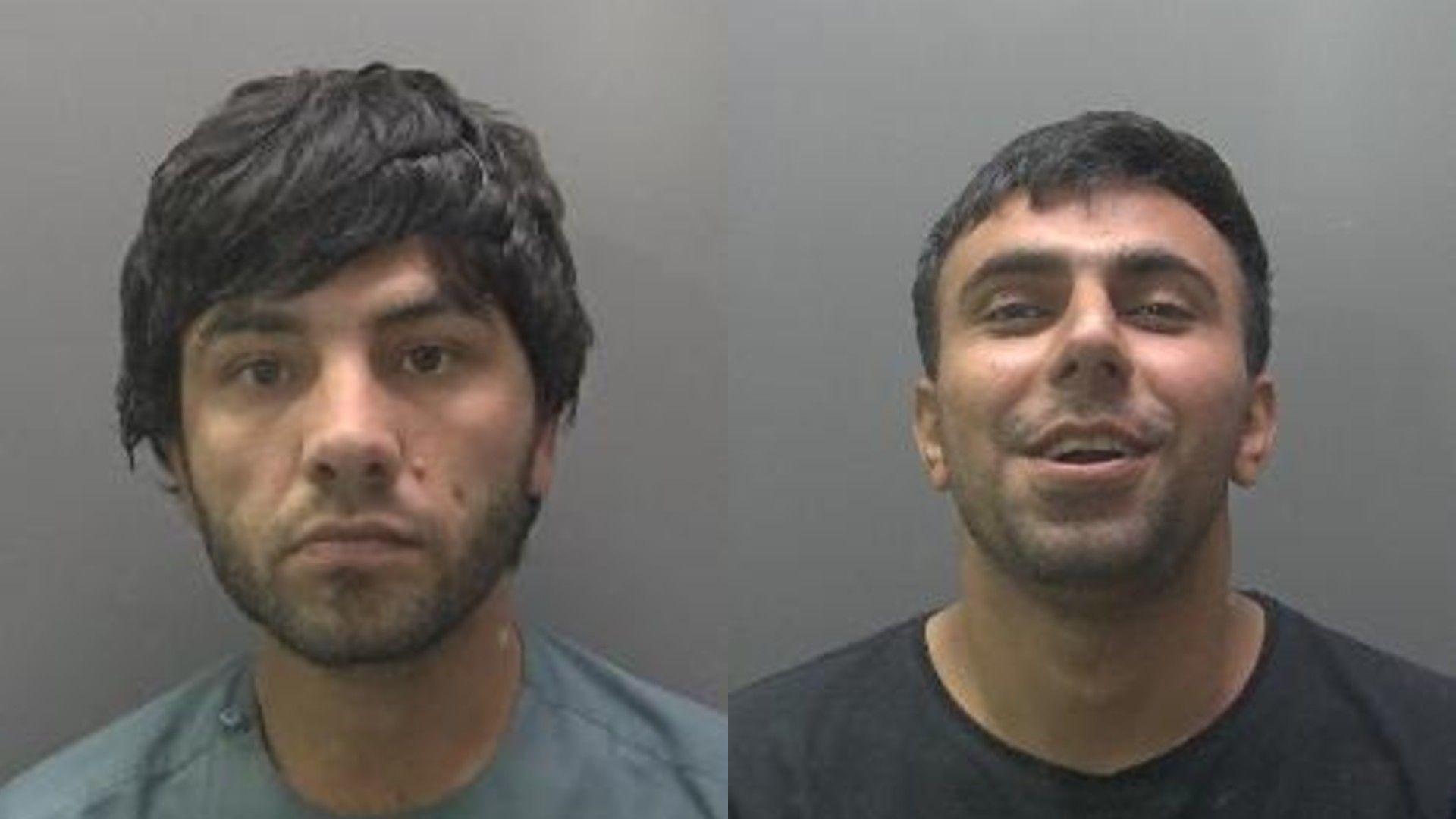 Custody image of Torgalai Estoman (left) with a straight face, wearing a grey T-Shirt and Gulzaman Safizada wearing a black T-shirt - laughing