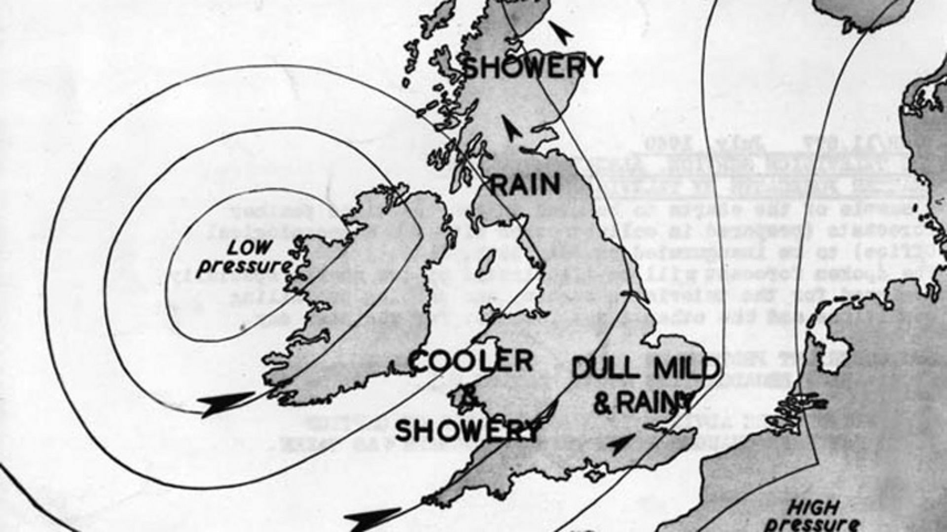 A black and white weather map of the UK with low pressure bringing areas of rain