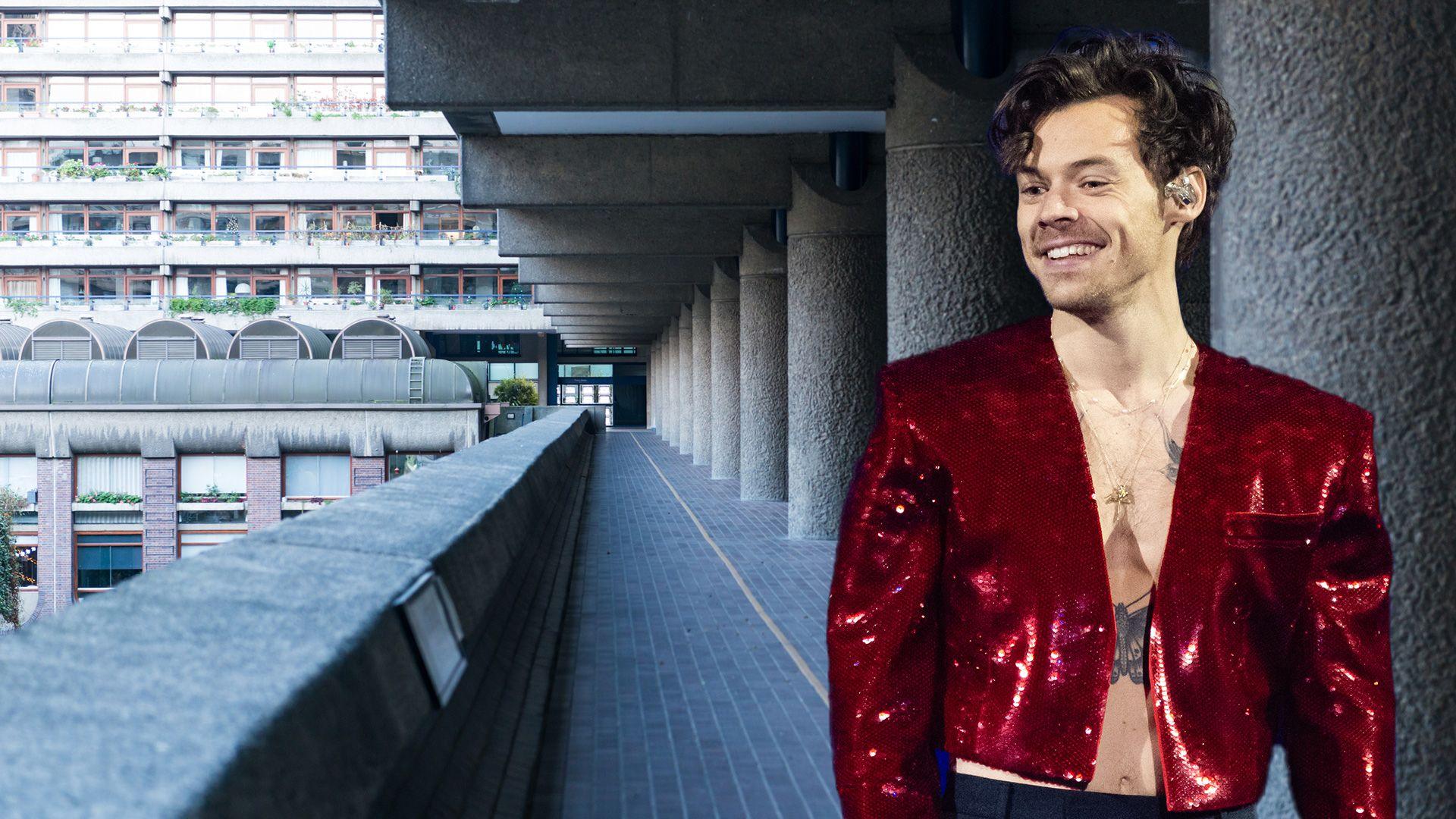 An image combining a photo of Harry Styles and the concrete walkway in The Barbican arts centre