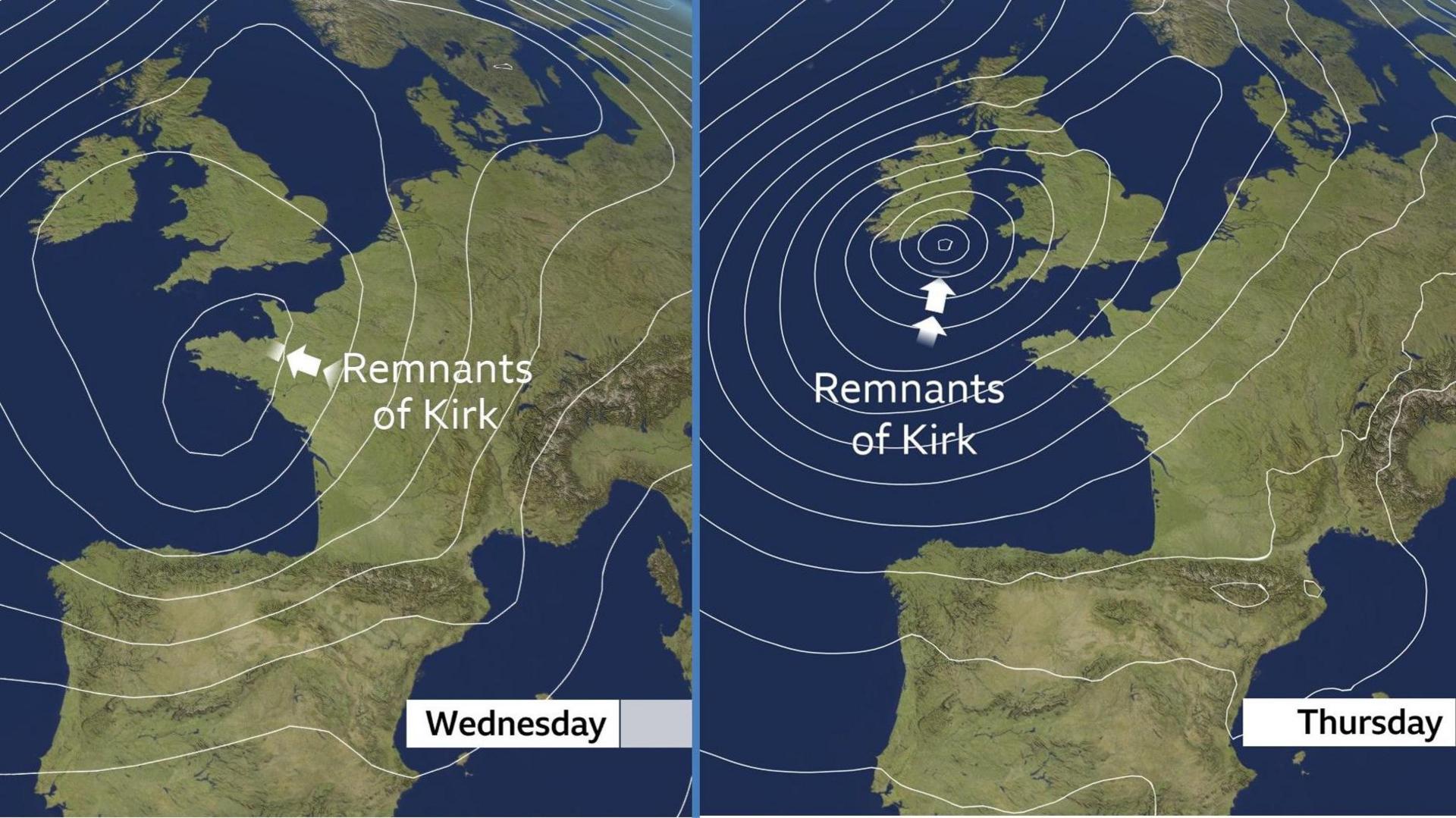 Two pressure maps side by side showing the variation in output between two different computer models. The remnants of Kirk sit near the Bay of Biscay on Wednesday in the European model forecast, but to the west of Wales in the American forecast