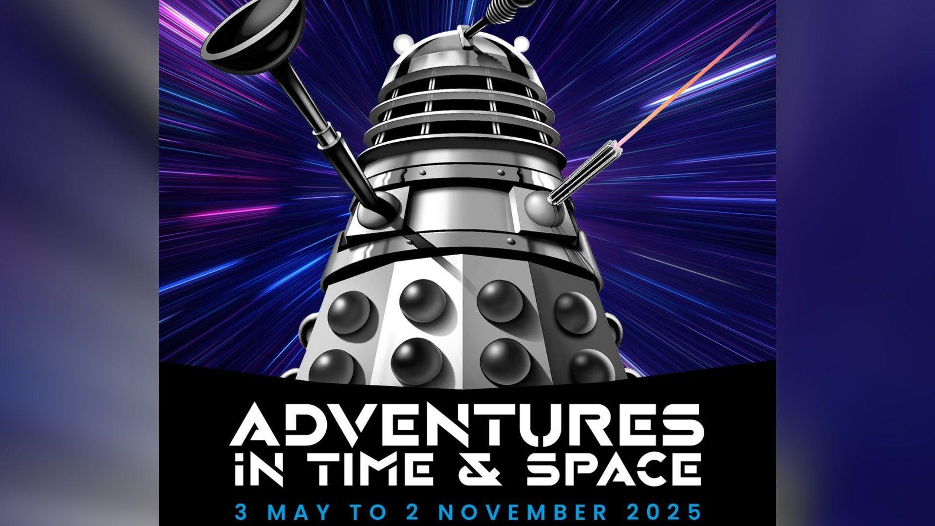 Poster of the Adventures of Time and Space exhibition. A Darlek is visible, set against a blue and purple backdrop.