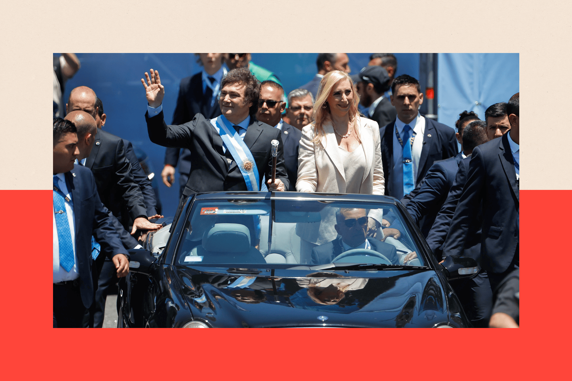 Milei in a car after being sworn in - pictured with his sister