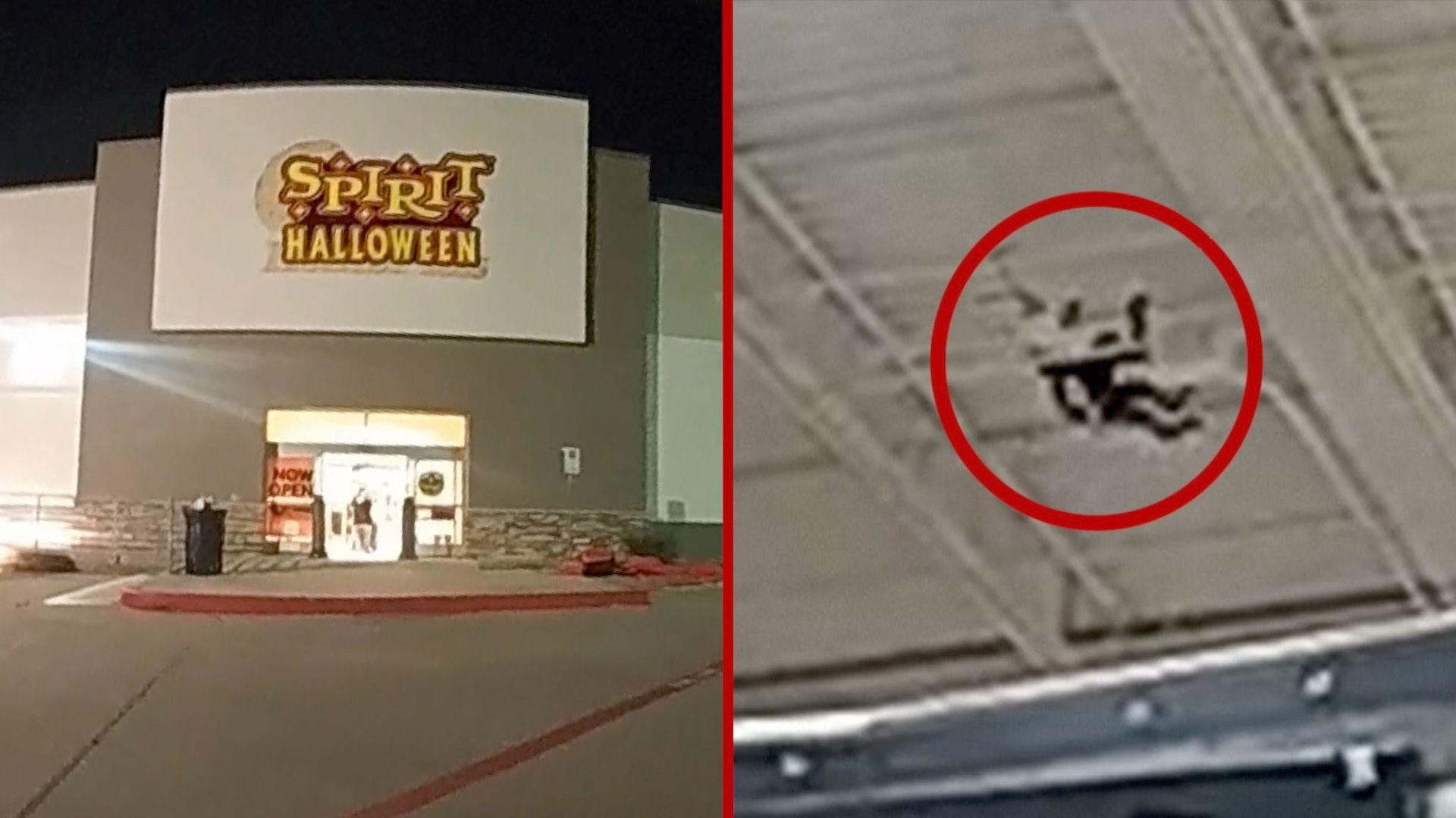 Split screen of a store on the left and on the right a red circle around a monkey hanging on the ceiling of a supermarket.