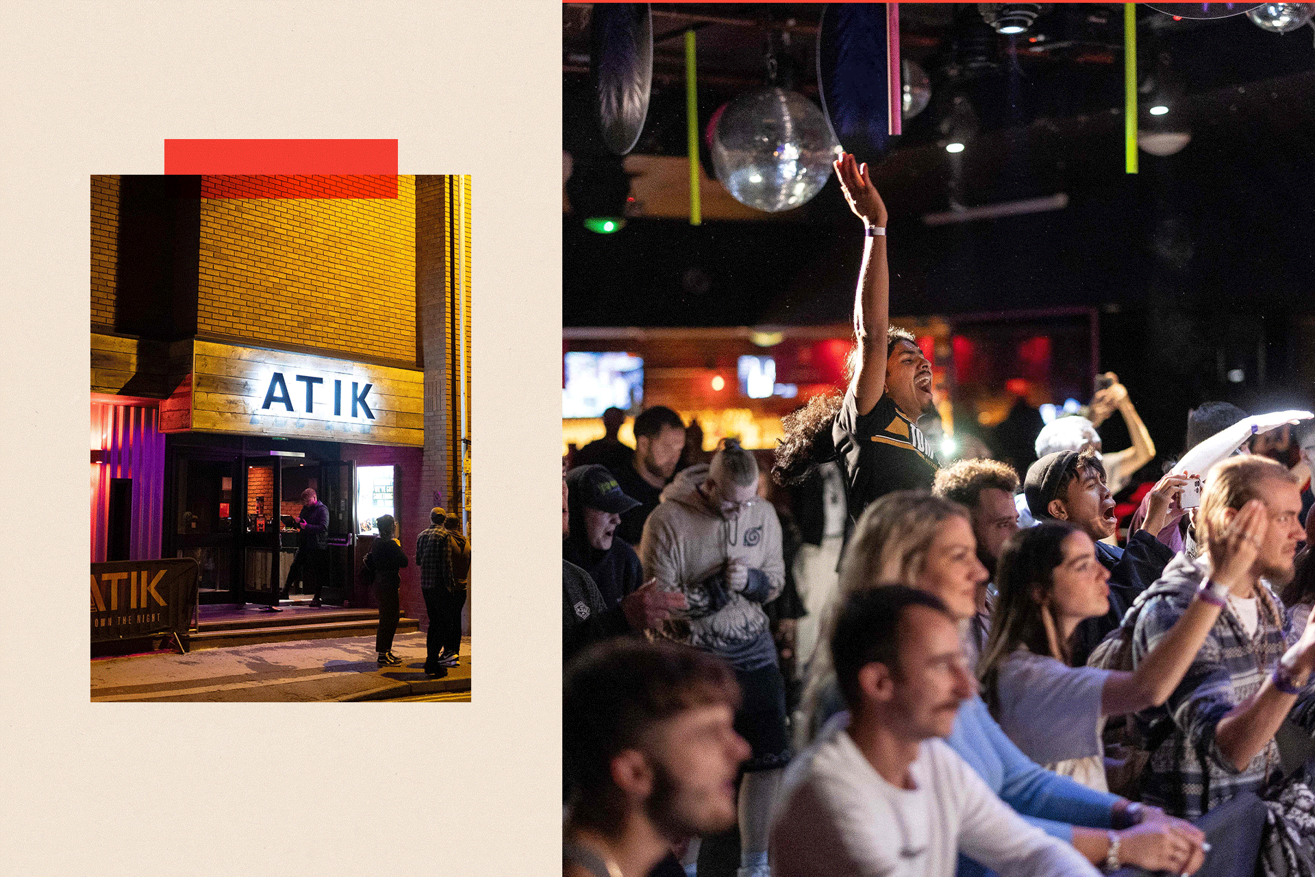 Two images - one shows people standing outside the ATIK nightclub and another shows a group of people partying 