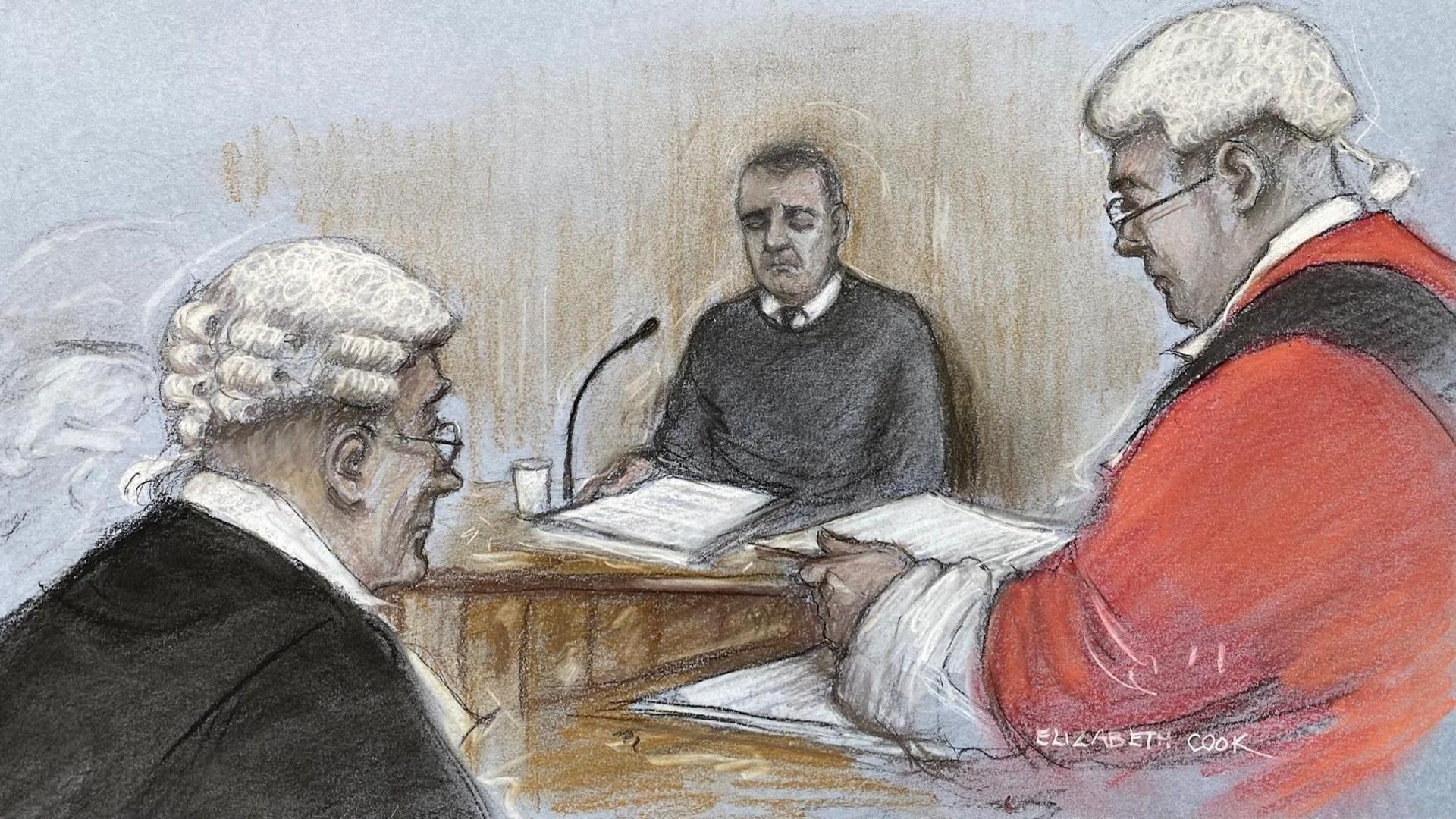 Court artist sketch, by Elizabeth Cook, of BBC racing commentator John Hunt giving his victim impact statement in front of judge Mr Justice Bennathan