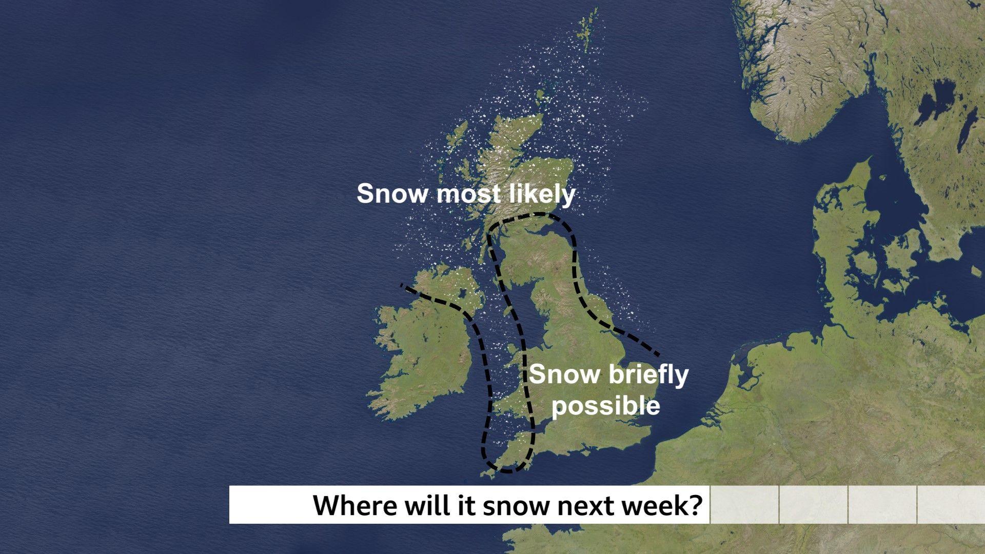 Map of the UK showing the areas where snow is more likely - northern Scotland, Northern Ireland, North York Moors, west Wales and south-west England - and where snow is briefly possible in the rest of the UK