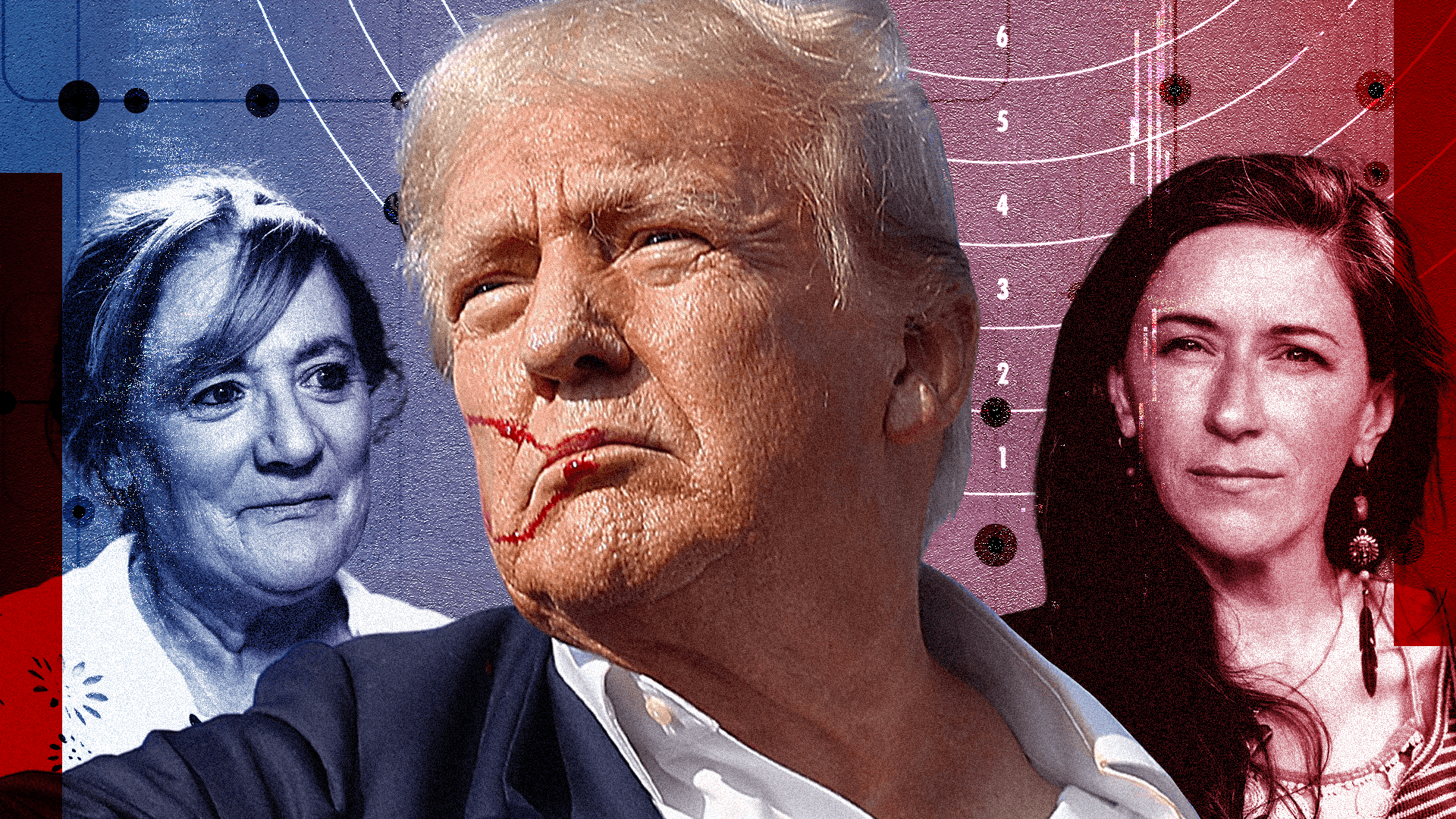 A composite image showing Donald Trump in the centre, with a streak of blood across his face after shots were fired at him, while in the background are images of Camille tinted in Democrat blue and Wild Mother in Republican red.