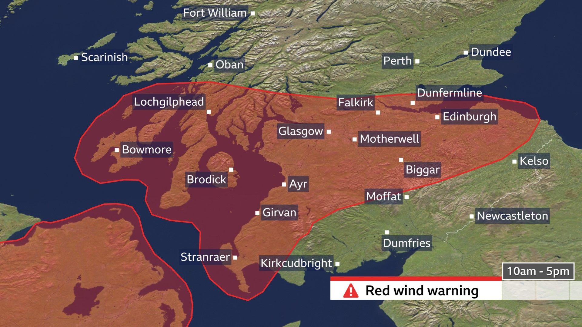 A map of Scotland shows the red weather warning covers south and central Scotland. 