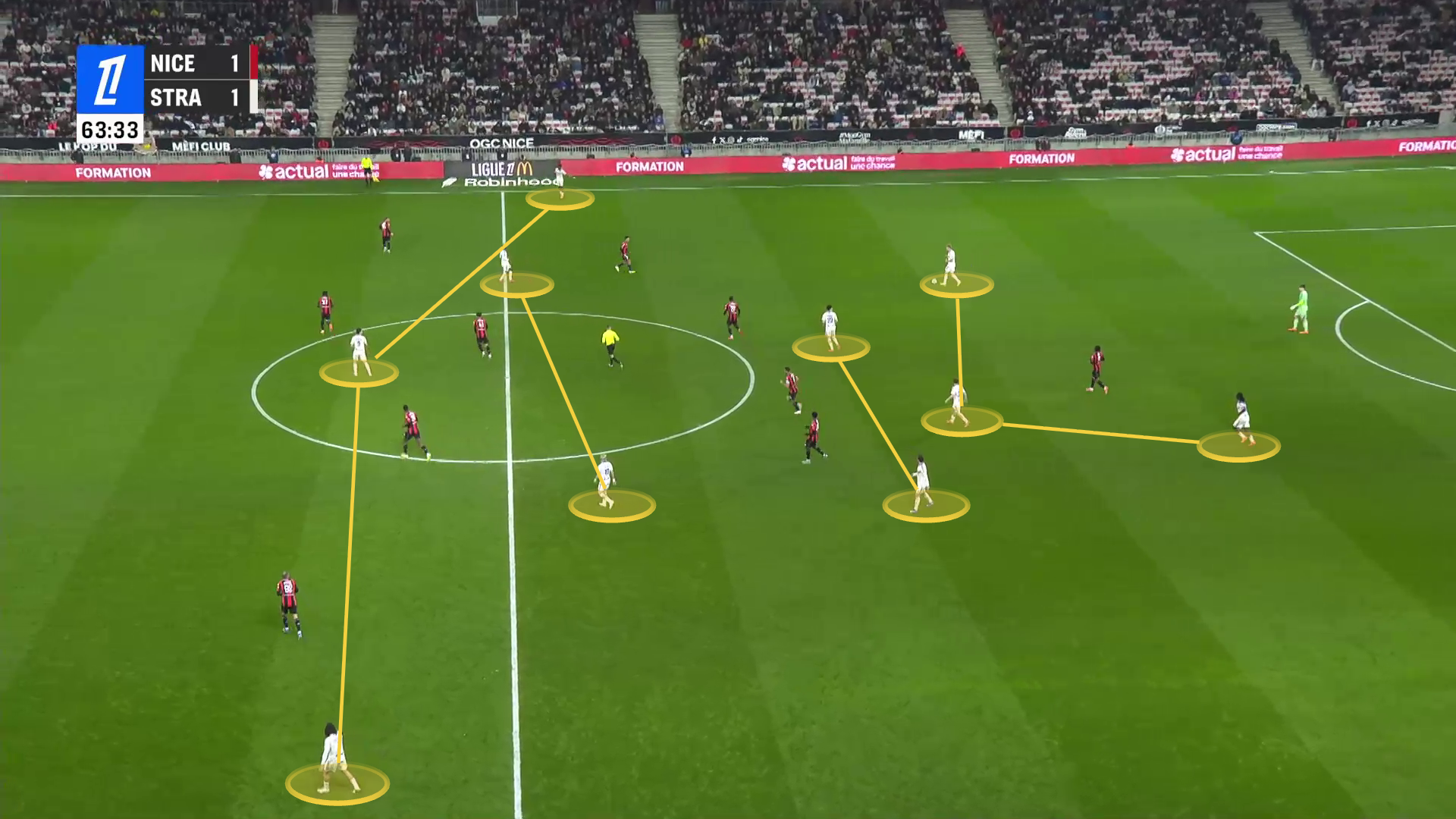 Graphic showing how, similar to Enzo Maresca's Chelsea, Liam Rosenior's teams move to a 3-2-2-3 shape on the ball. Strasbourg players are in white kit on the pitch, with opposition in red and black.